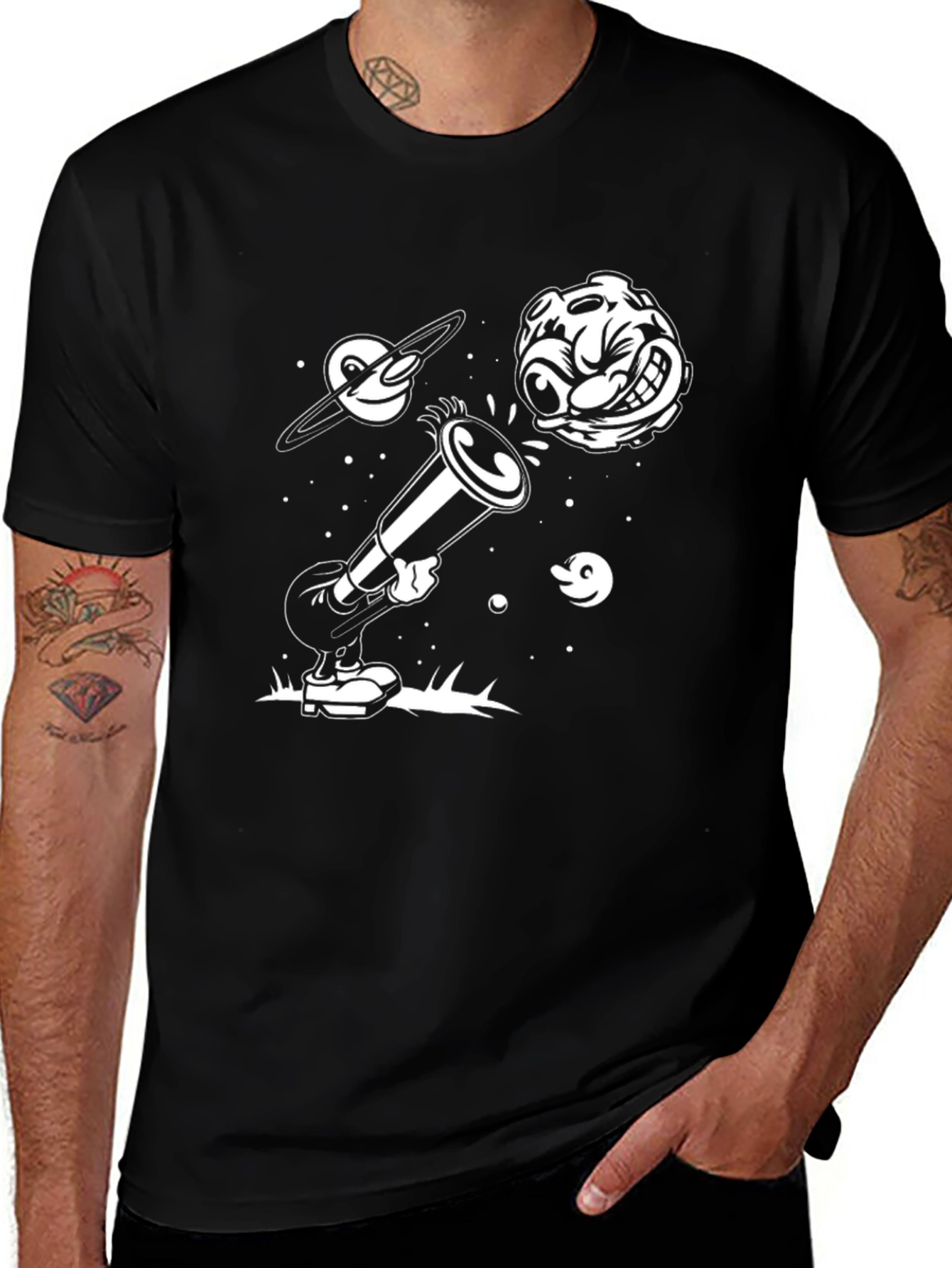 Cartoon Space Tee - Black Graphic T-Shirt