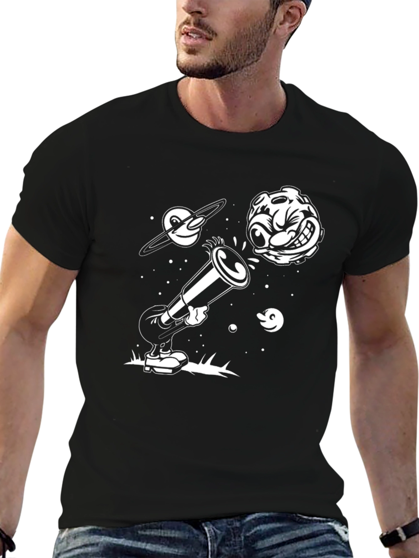Cartoon Space Tee - Black Graphic T-Shirt