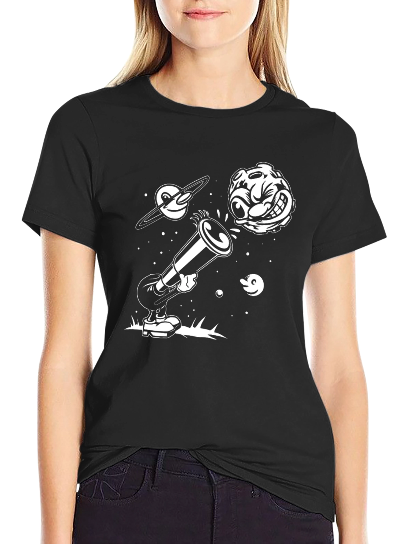 Cartoon Space Tee - Black Graphic T-Shirt
