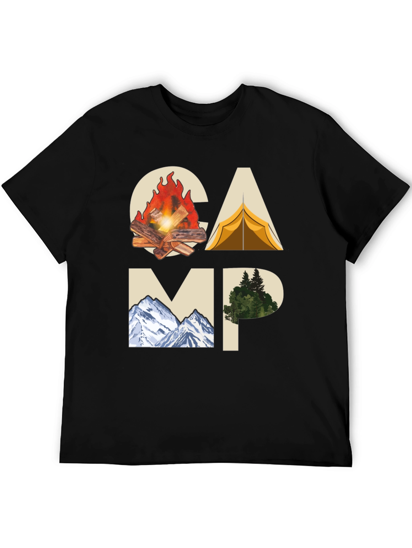 Camping Adventure Graphic Tee - Black Cotton T-Shirt