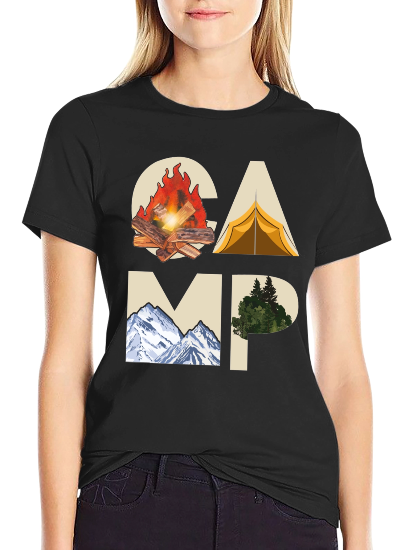 Camping Adventure Graphic Tee - Black Cotton T-Shirt