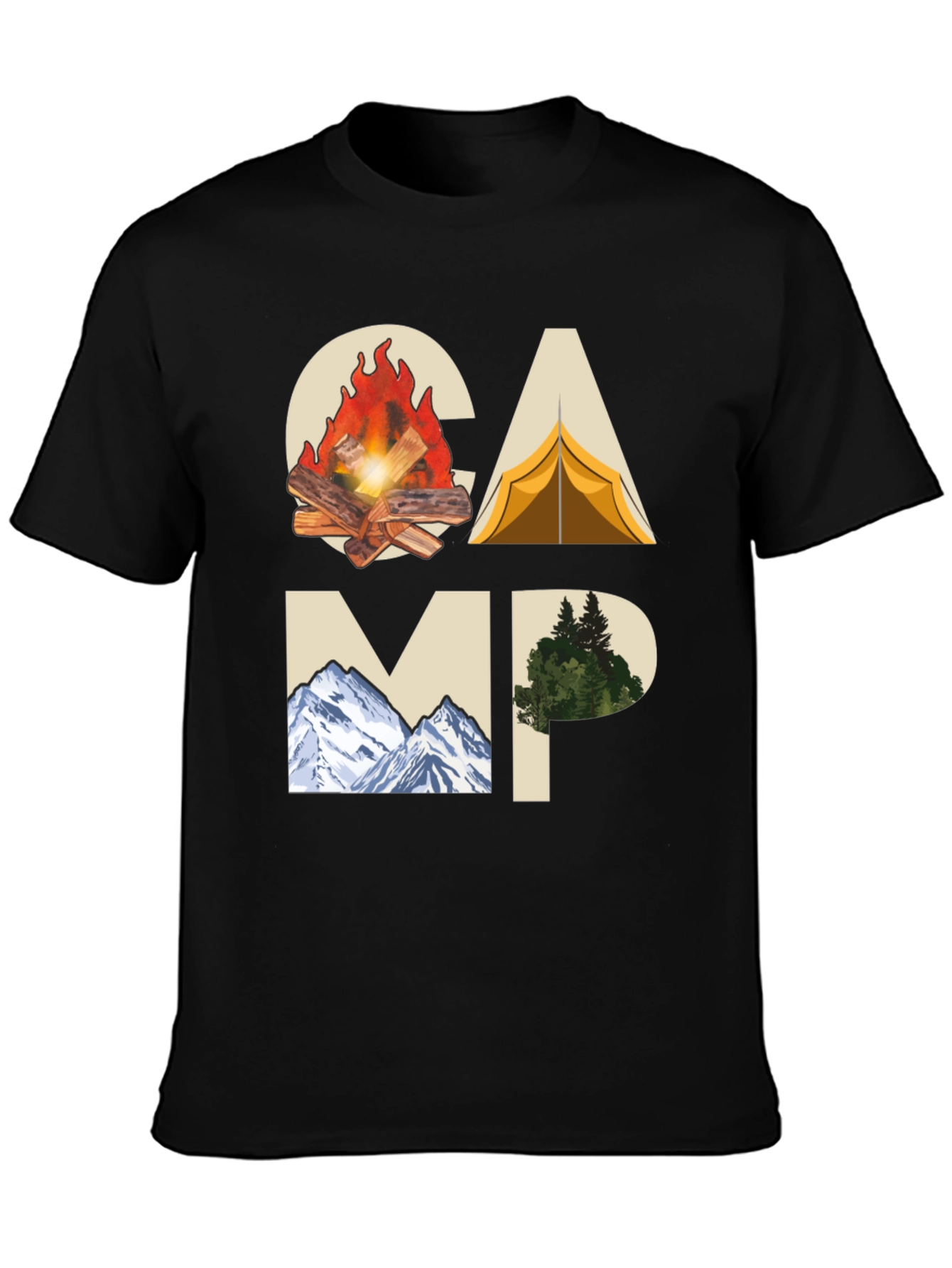 Camping Adventure Graphic Tee - Black Cotton T-Shirt