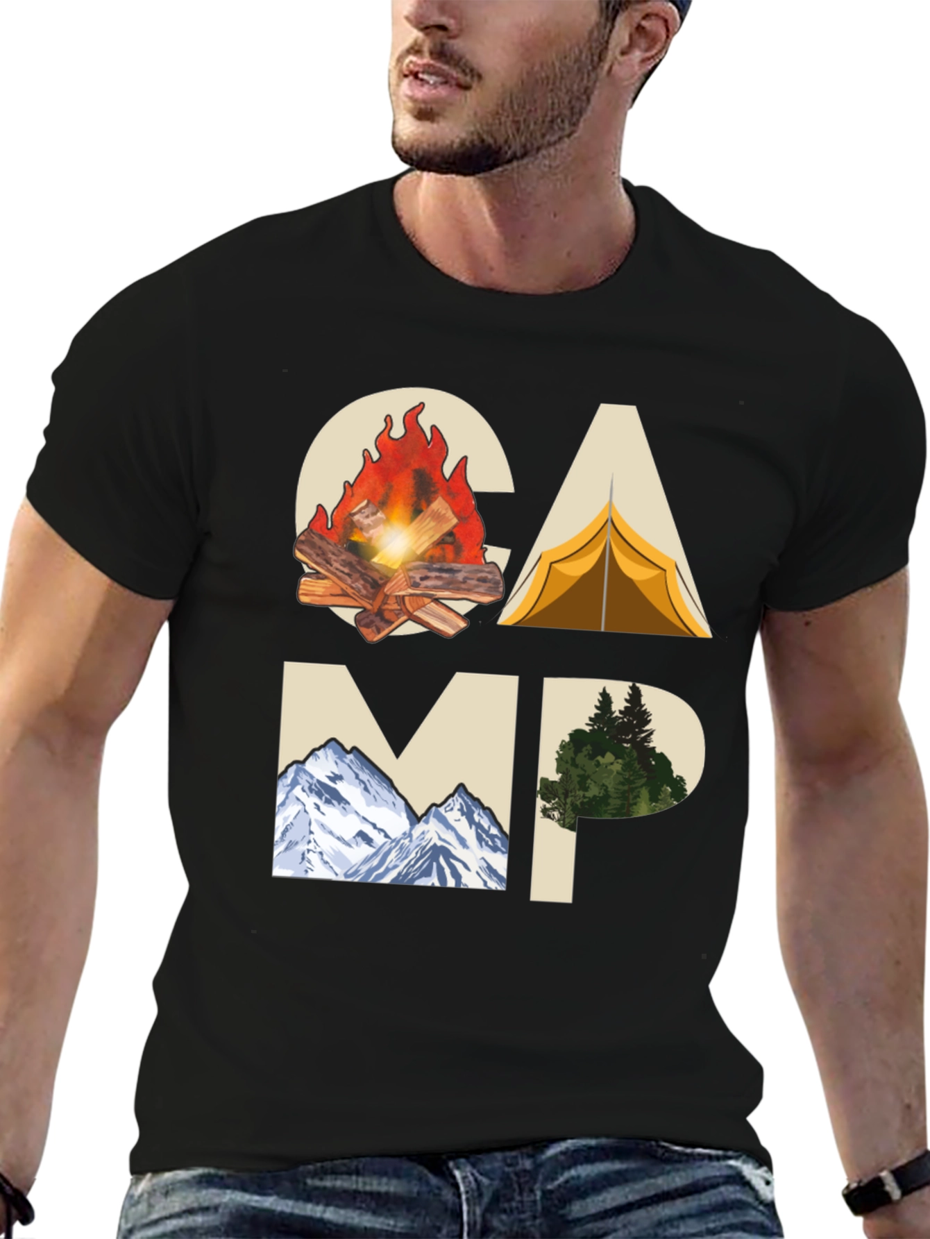 Camping Adventure Graphic Tee - Black Cotton T-Shirt