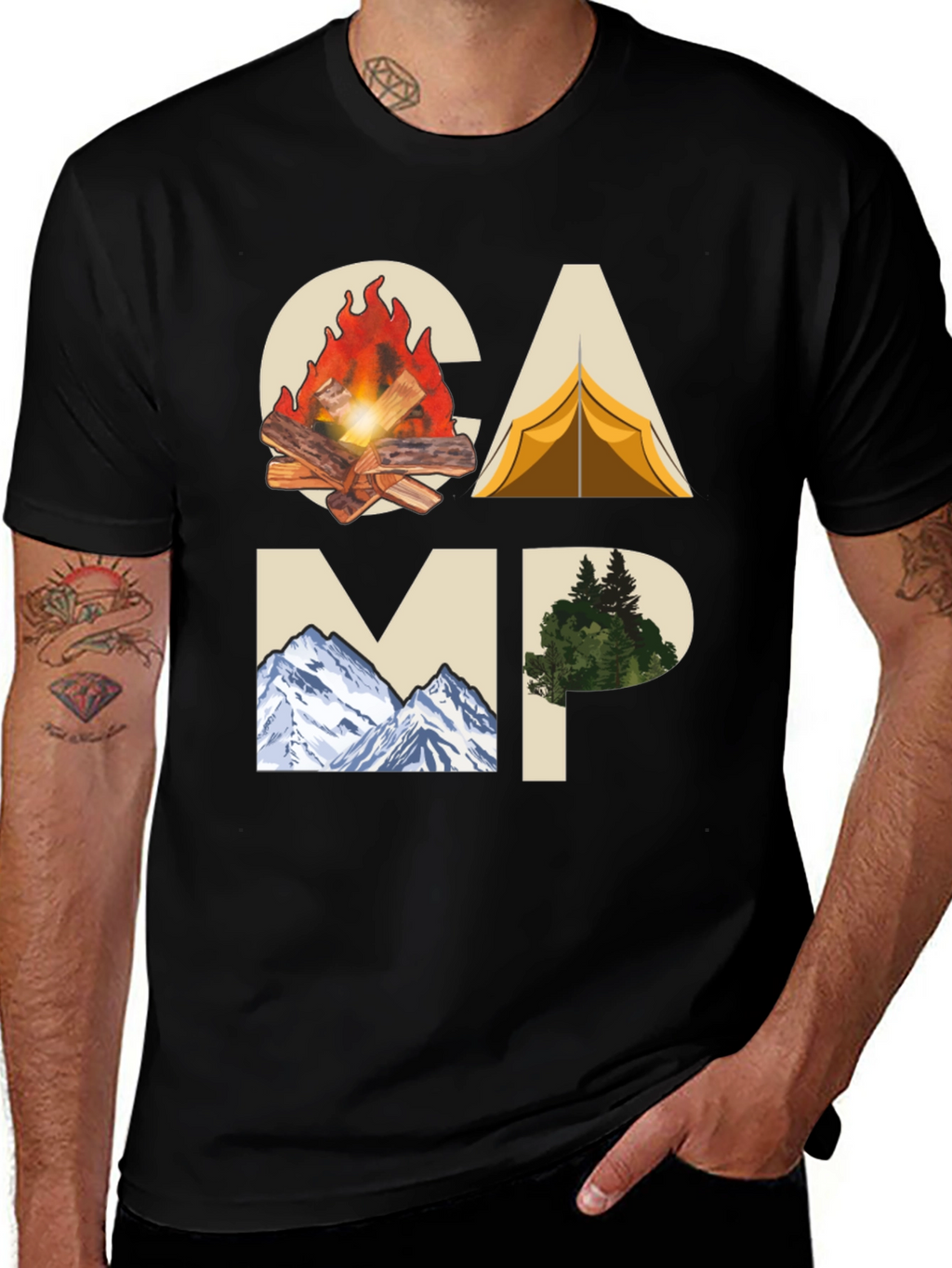 Camping Adventure Graphic Tee - Black Cotton T-Shirt