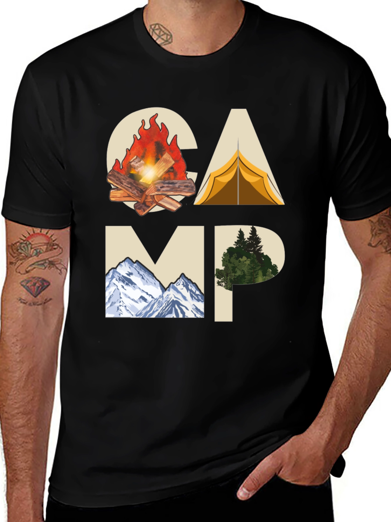 Camping Adventure Graphic Tee - Black Cotton T-Shirt