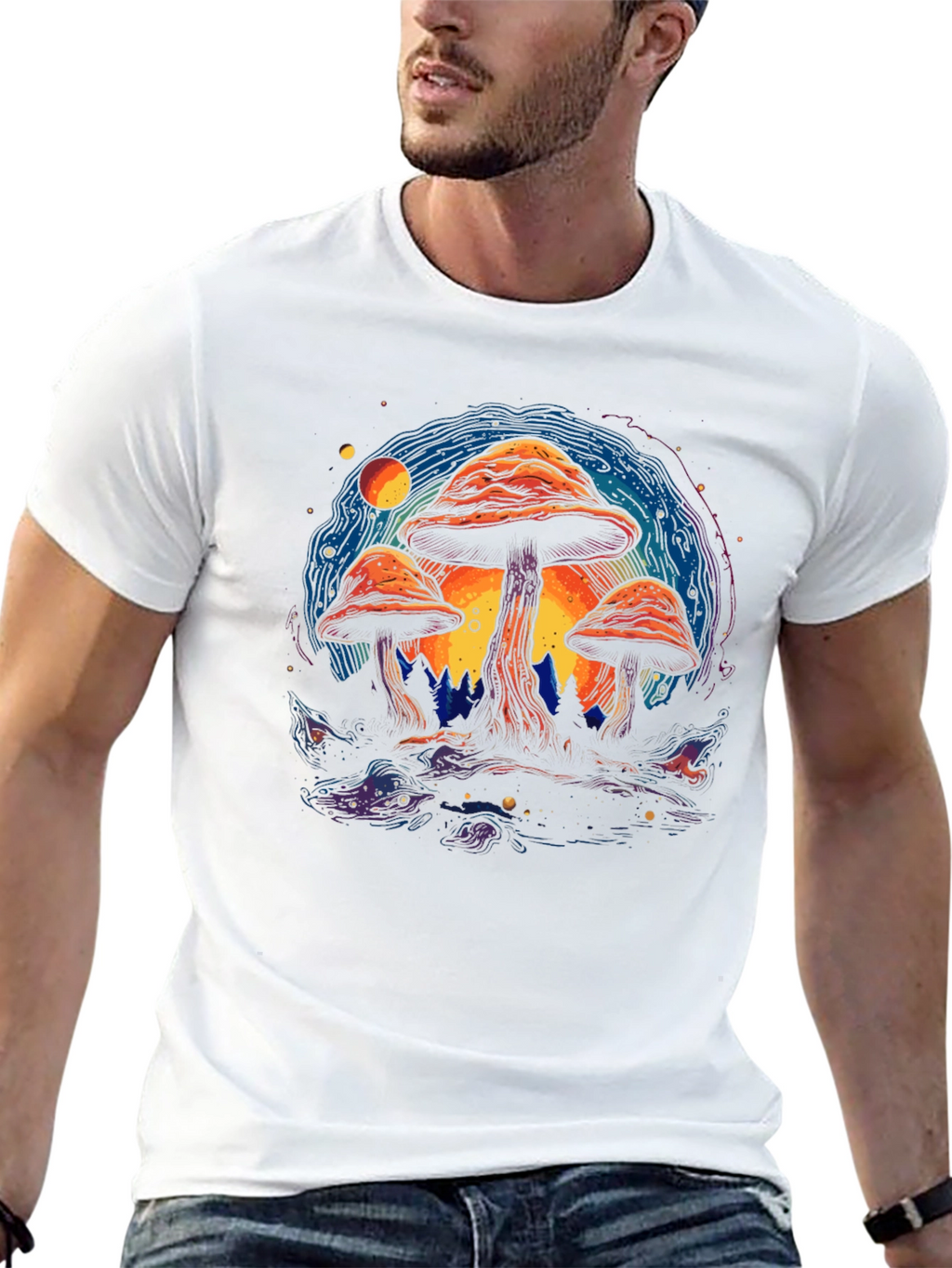 Psychedelic Mushroom Graphic Tee - Black Cotton T-Shirt