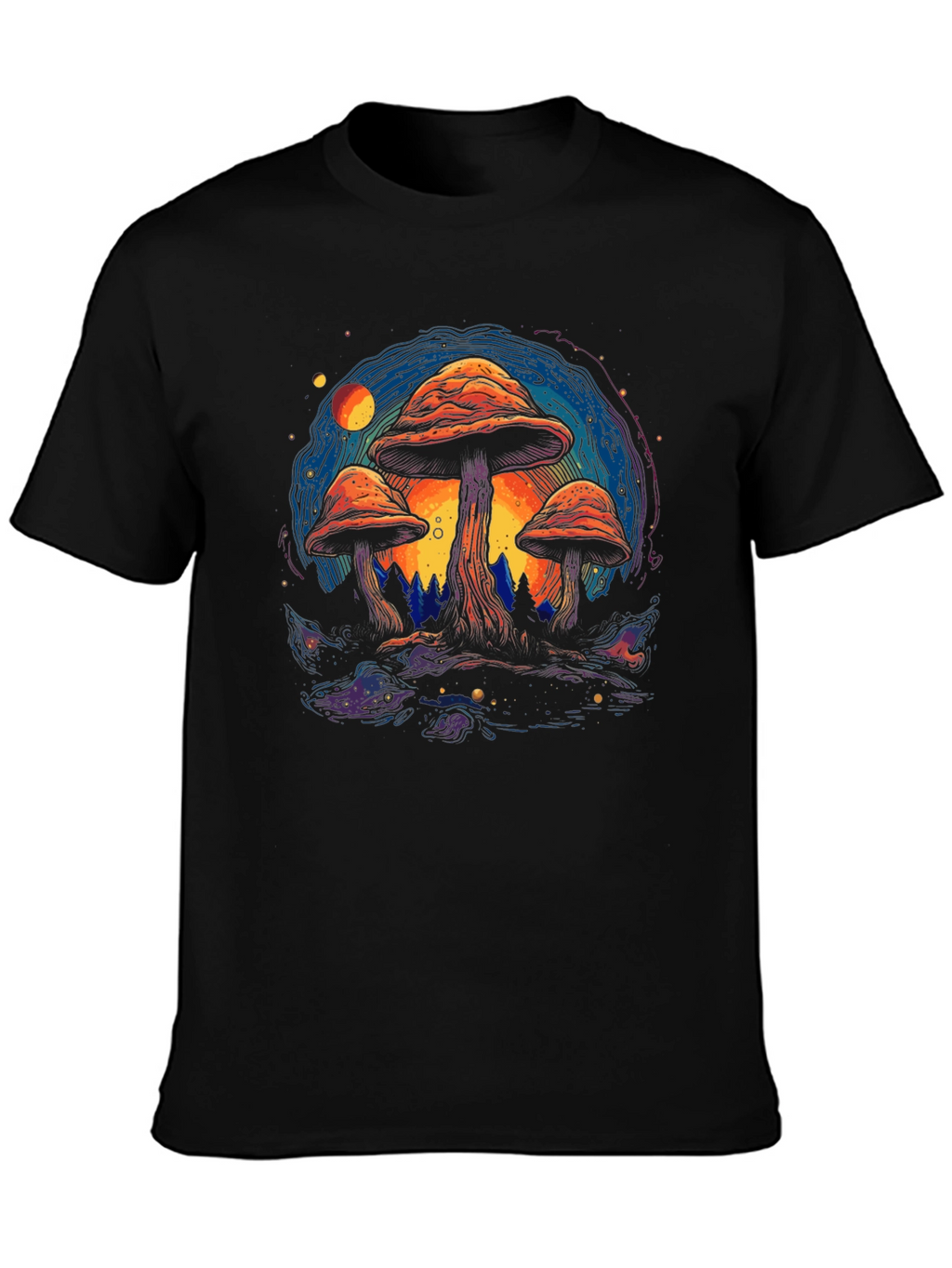 Psychedelic Mushroom Graphic Tee - Black Cotton T-Shirt