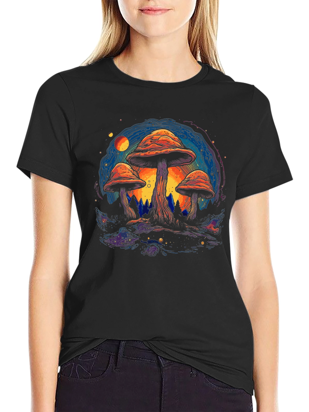 Psychedelic Mushroom Graphic Tee - Black Cotton T-Shirt