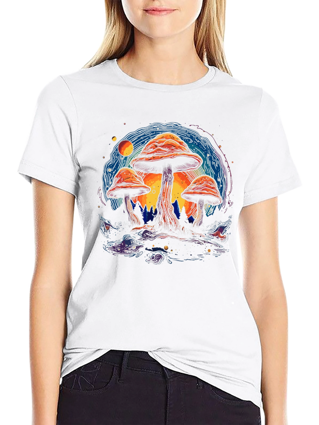 Psychedelic Mushroom Graphic Tee - Black Cotton T-Shirt