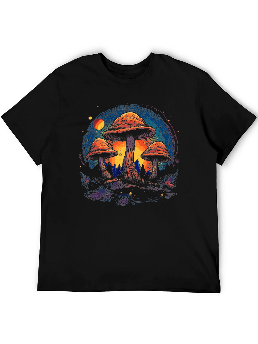 Psychedelic Mushroom Graphic Tee - Black Cotton T-Shirt