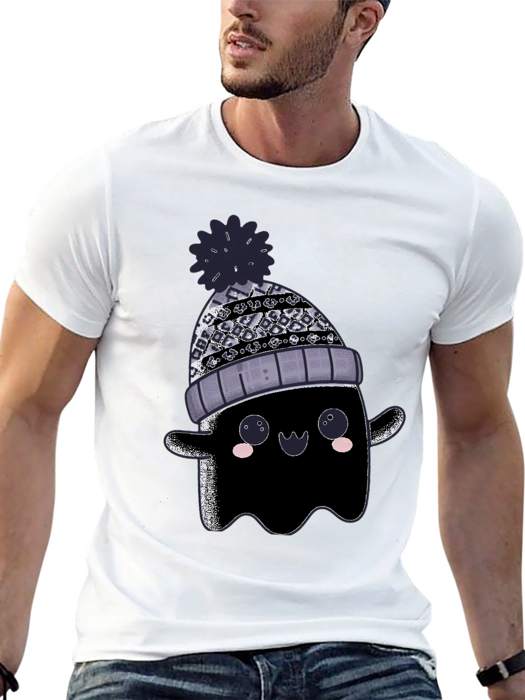 Cute Ghost in Beanie Graphic Tee
