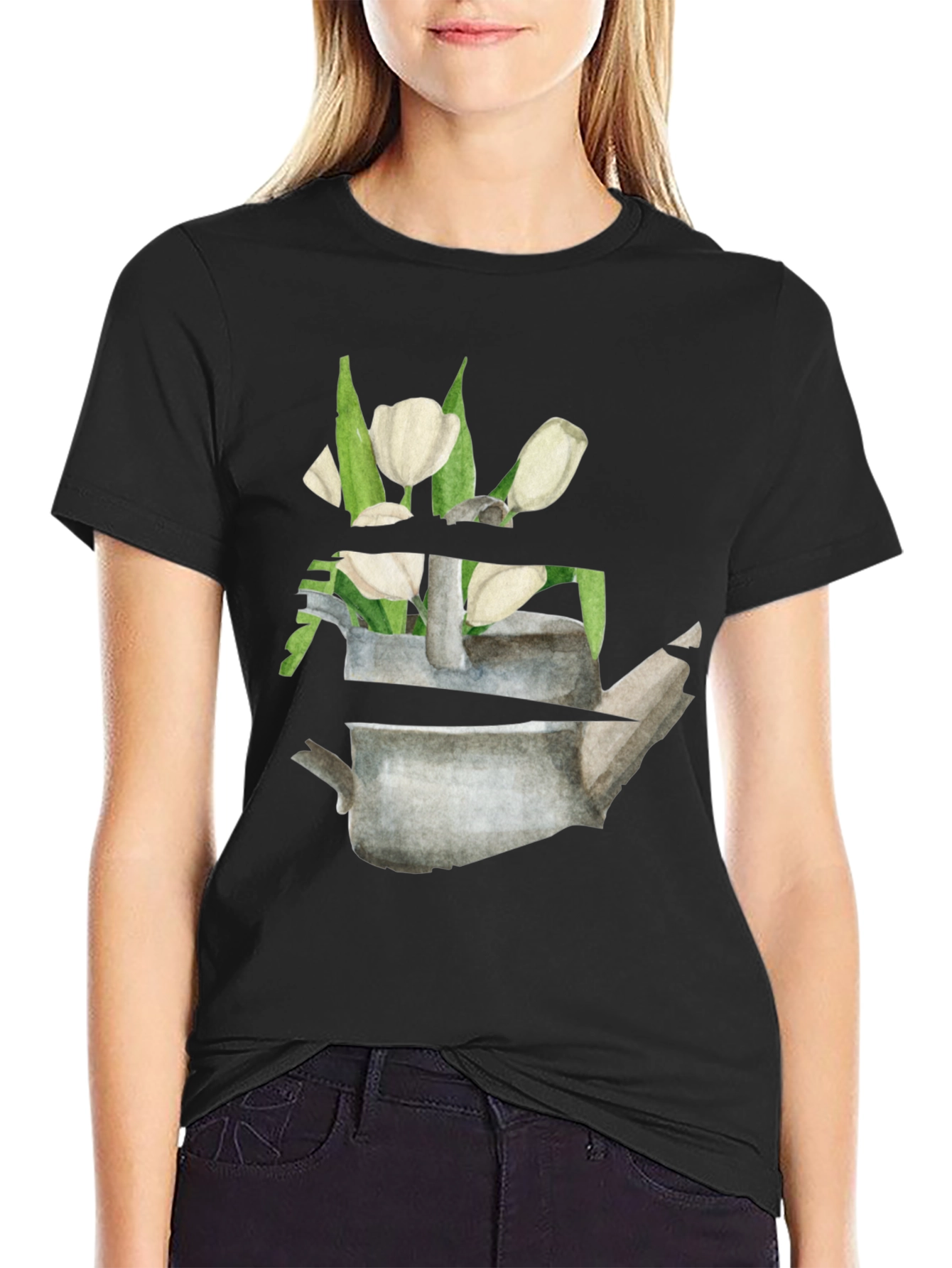 Floral Teapot Graphic Tee - Black Cotton Casual Shirt