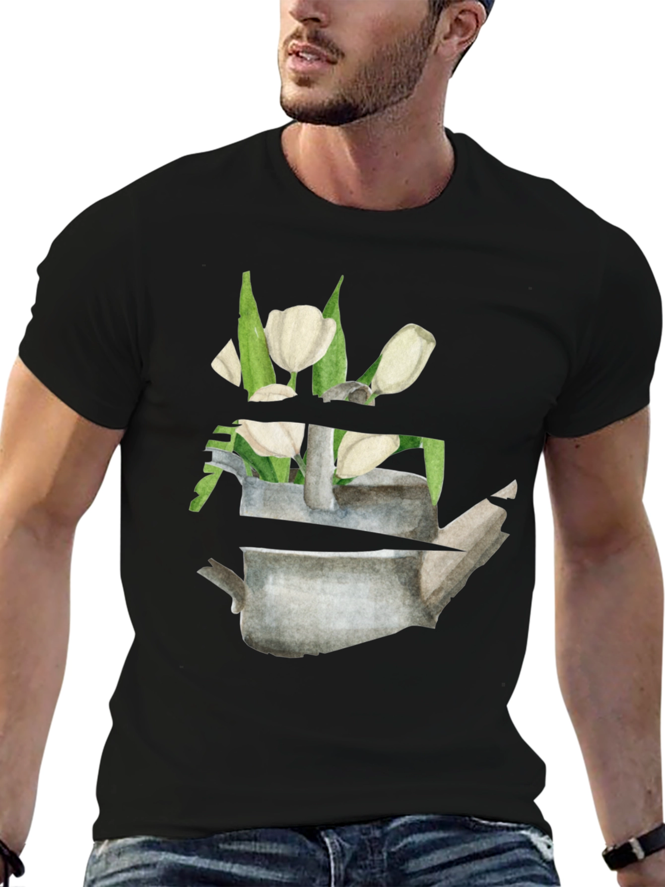 Floral Teapot Graphic Tee - Black Cotton Casual Shirt