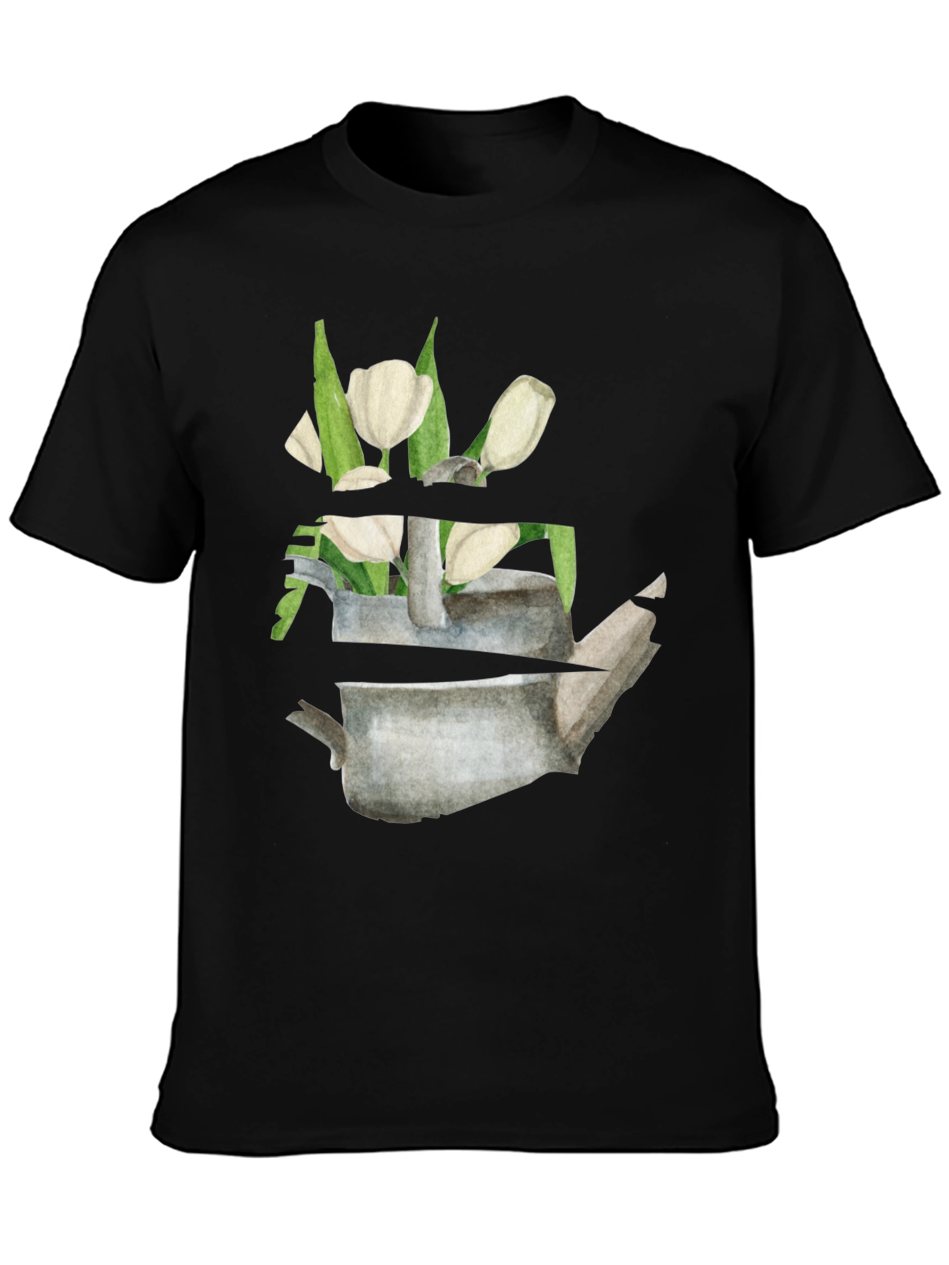 Floral Teapot Graphic Tee - Black Cotton Casual Shirt