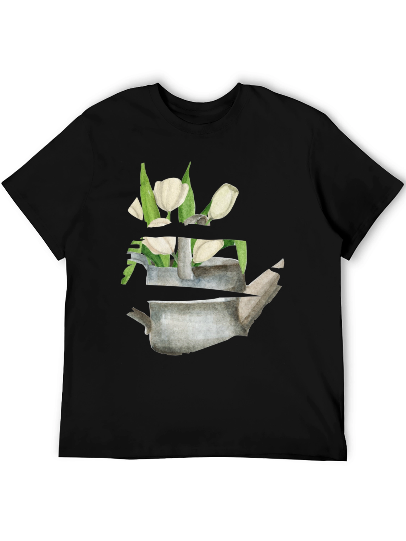 Floral Teapot Graphic Tee - Black Cotton Casual Shirt