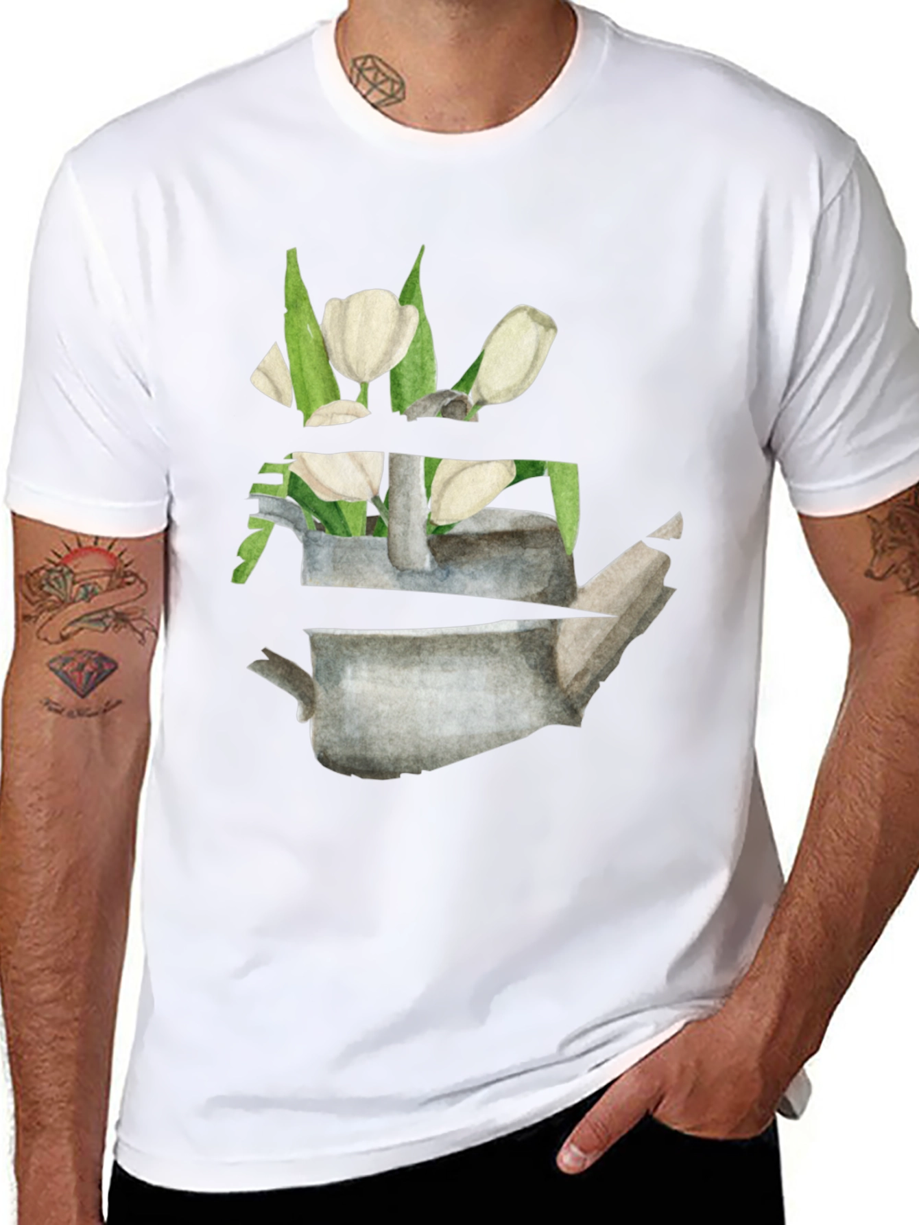 Floral Teapot Graphic Tee - Black Cotton Casual Shirt