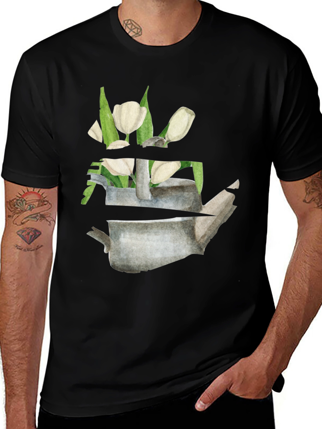 Floral Teapot Graphic Tee - Black Cotton Casual Shirt