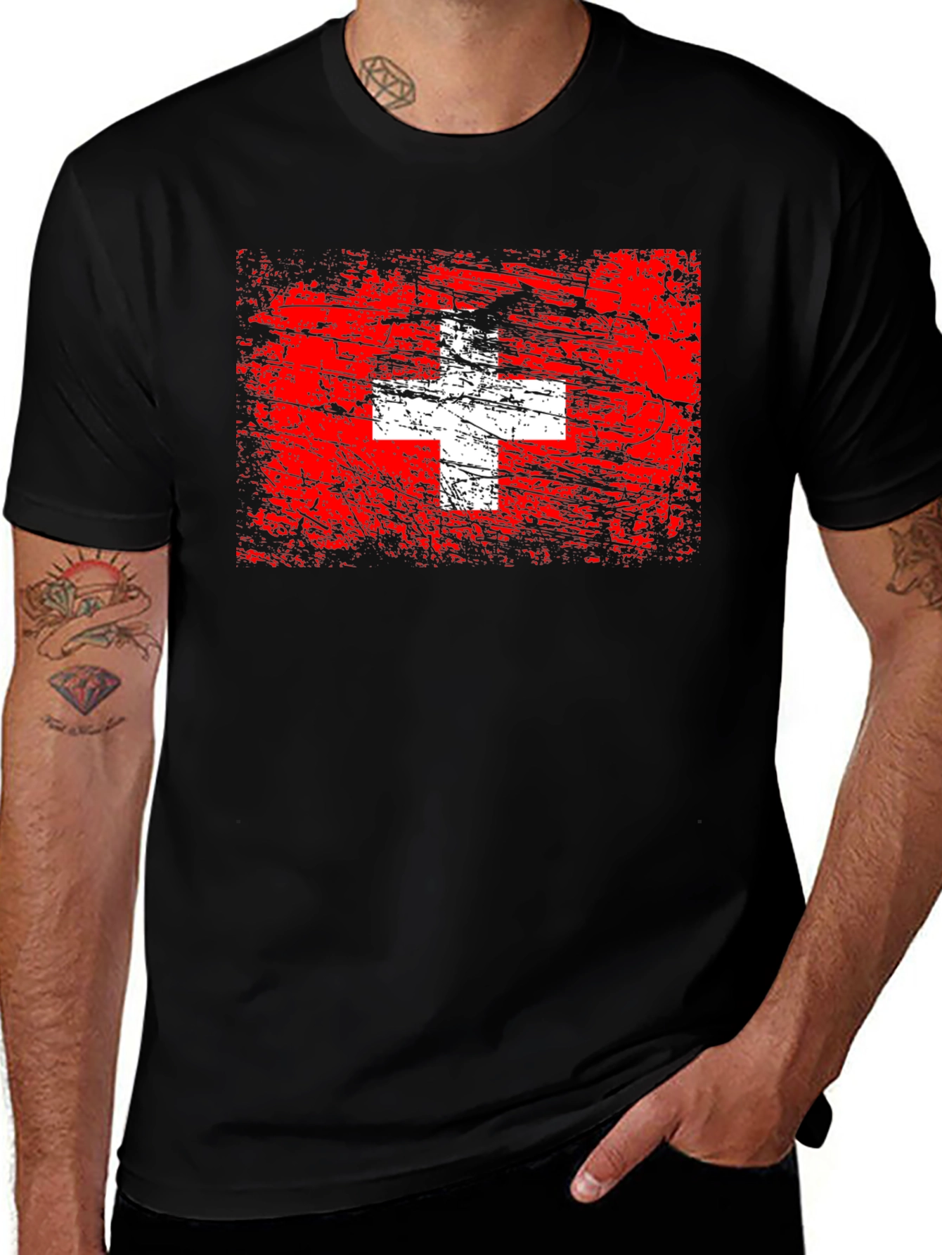 Switzerland Flag Graphic Tee - Black Cotton T-Shirt