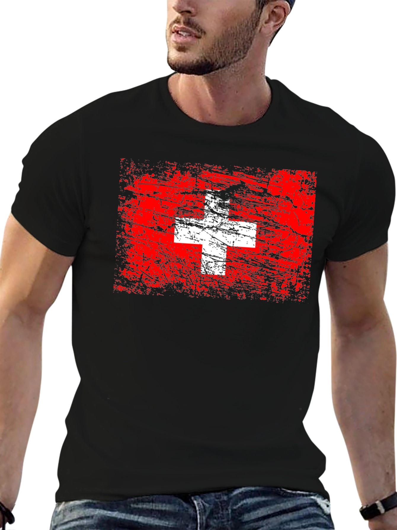 Switzerland Flag Graphic Tee - Black Cotton T-Shirt