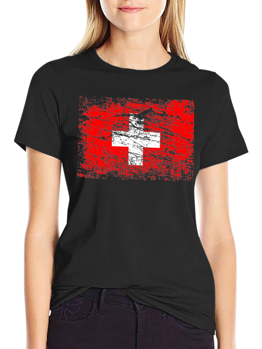 Switzerland Flag Graphic Tee - Black Cotton T-Shirt