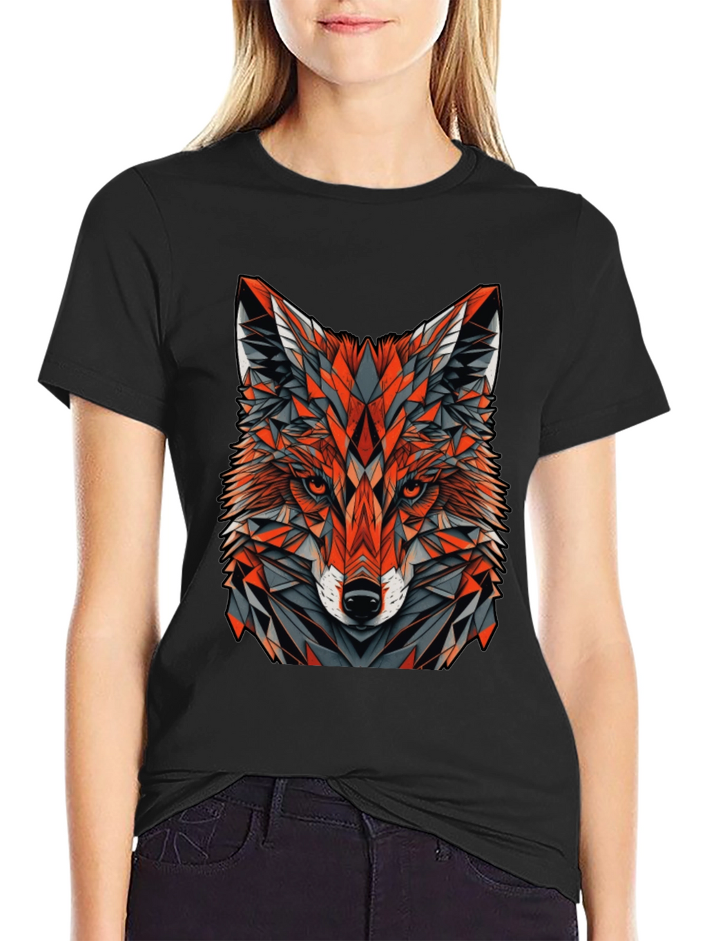 Geometric Fox Graphic Tee - Modern Mens Black T-Shirt