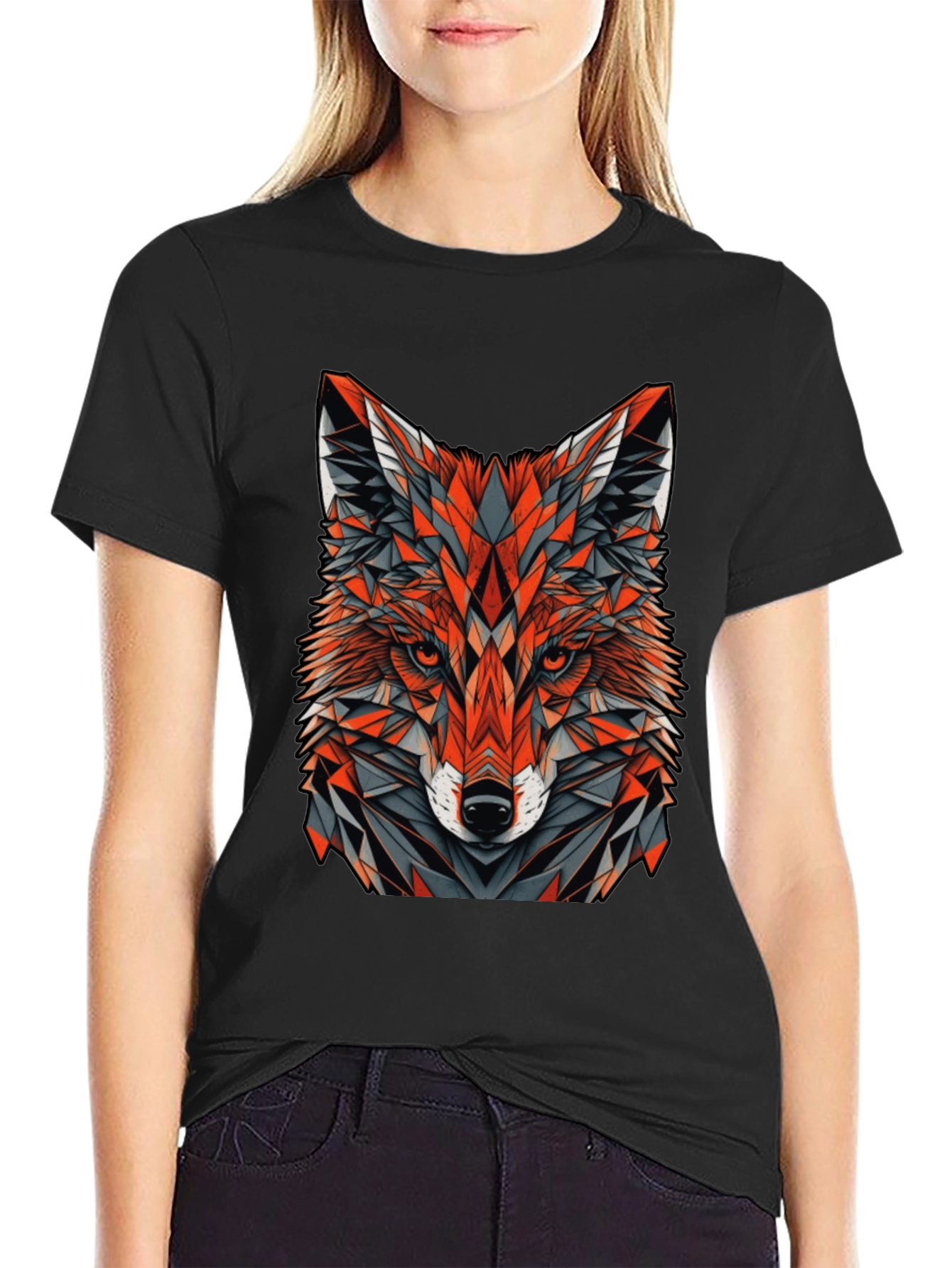 Geometric Fox Graphic Tee - Modern Mens Black T-Shirt