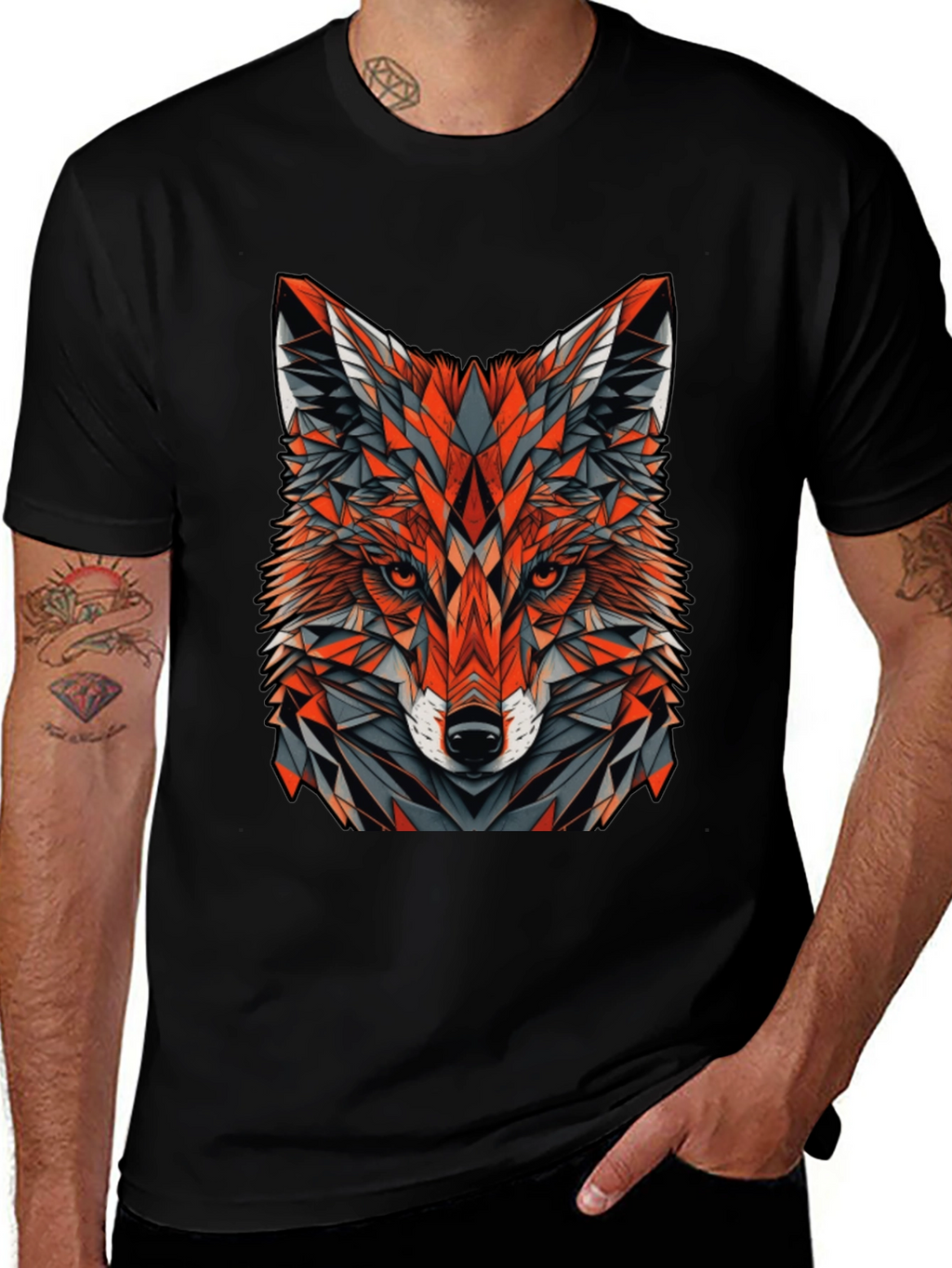 Geometric Fox Graphic Tee - Modern Mens Black T-Shirt