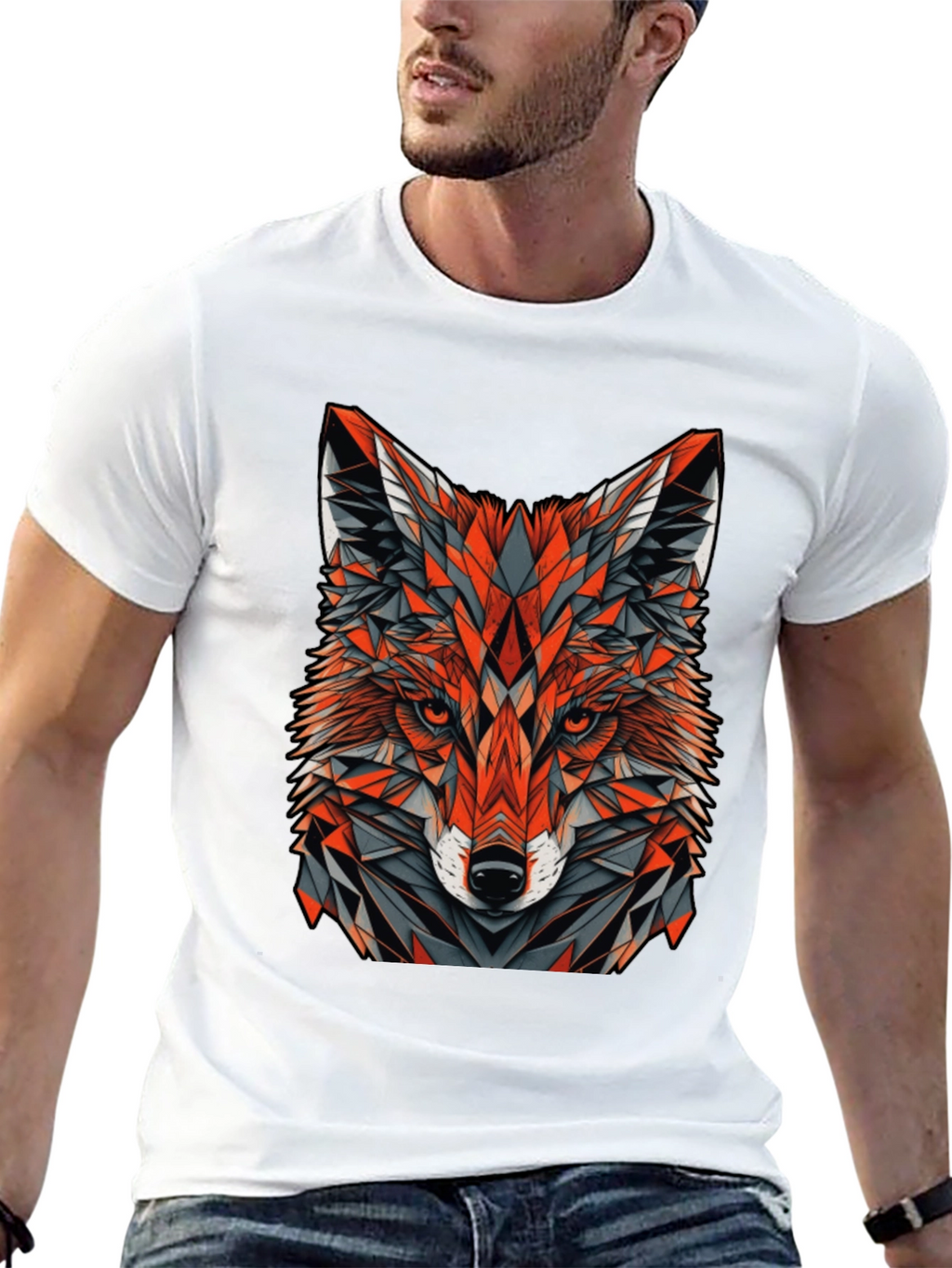 Geometric Fox Graphic Tee - Modern Mens Black T-Shirt