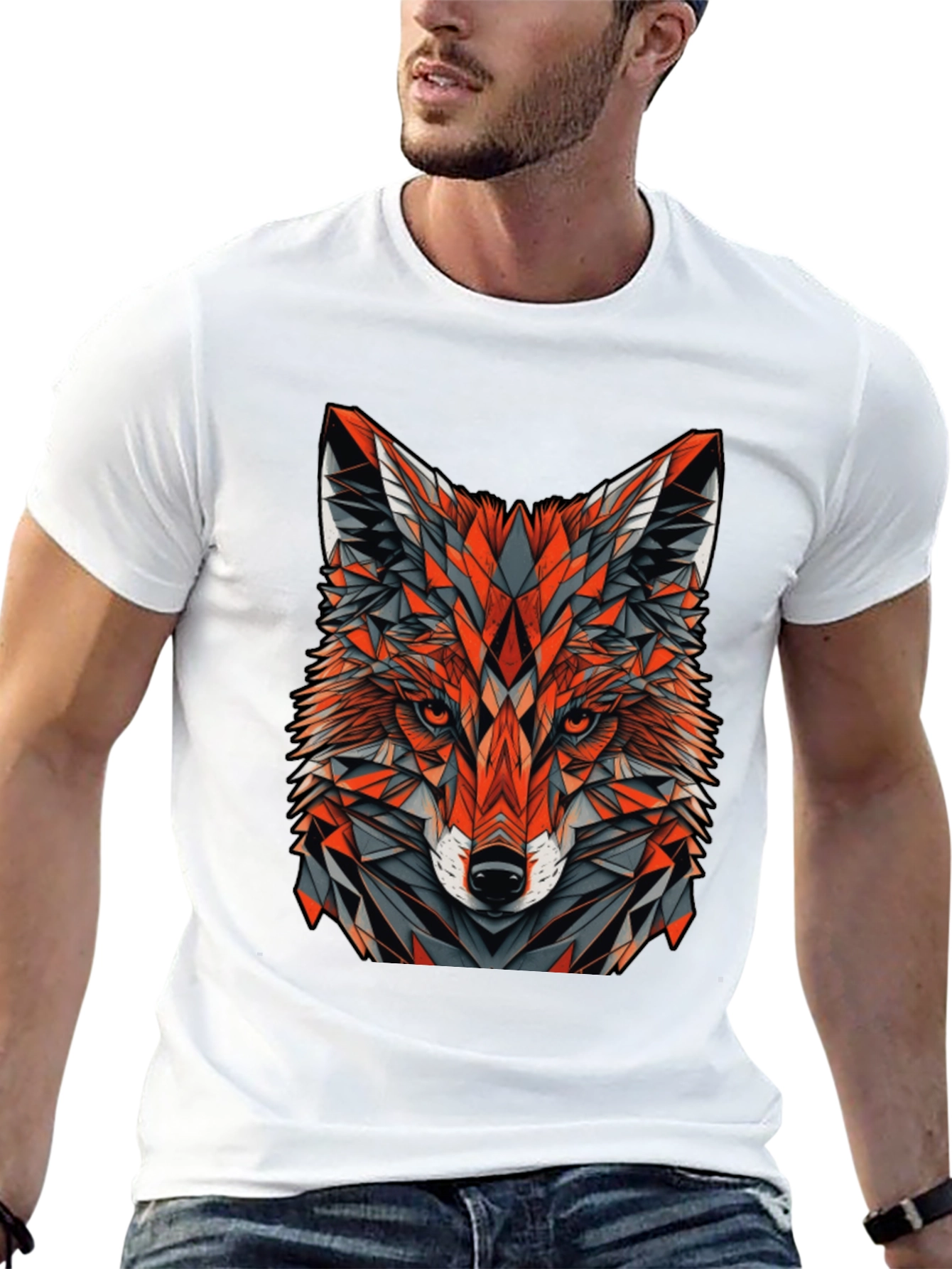 Geometric Fox Graphic Tee - Modern Mens Black T-Shirt