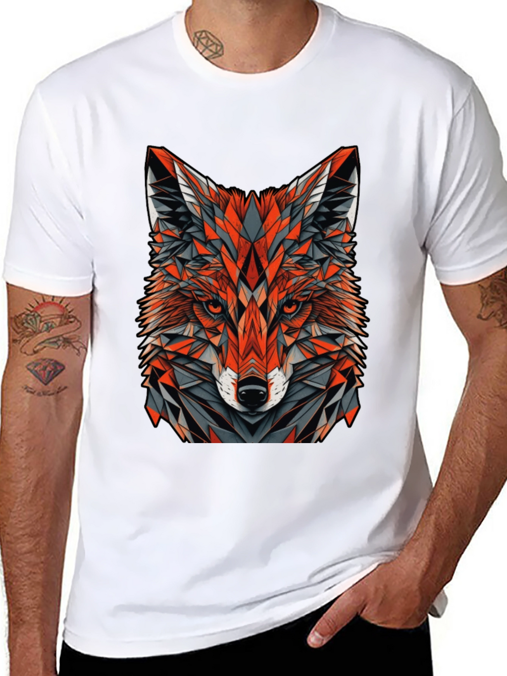 Geometric Fox Graphic Tee - Modern Mens Black T-Shirt