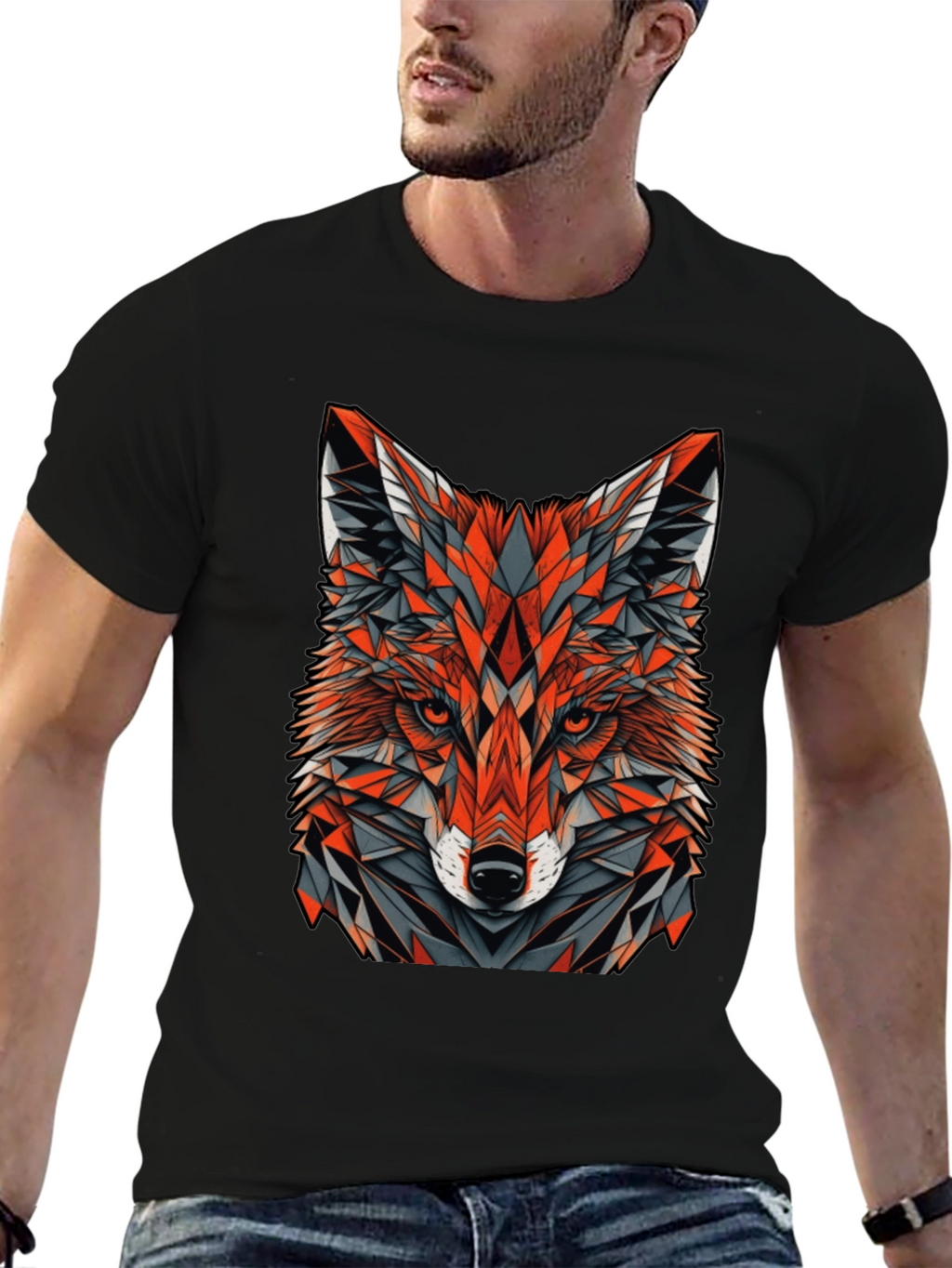 Geometric Fox Graphic Tee - Modern Mens Black T-Shirt