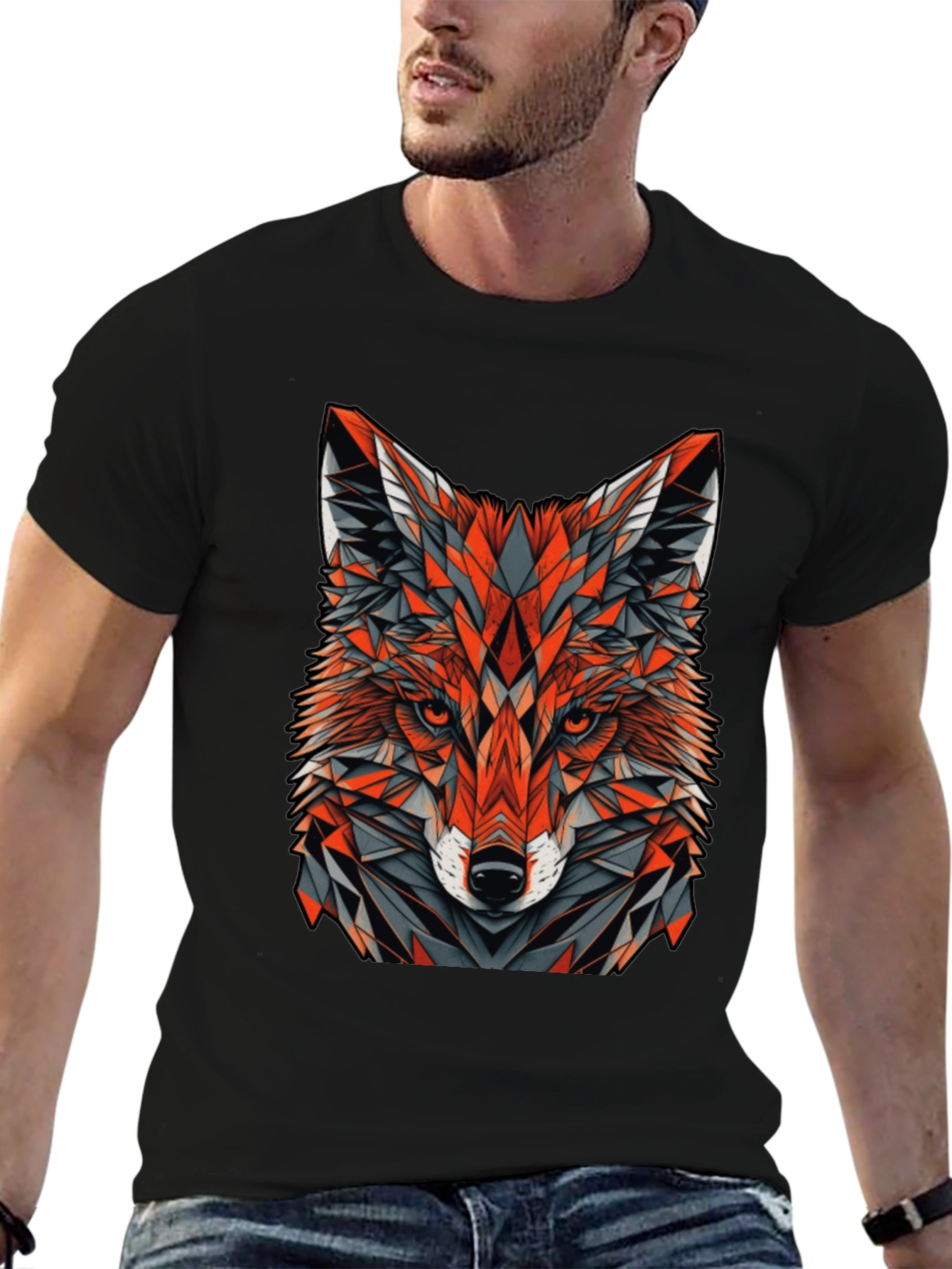 Geometric Fox Graphic Tee - Modern Mens Black T-Shirt