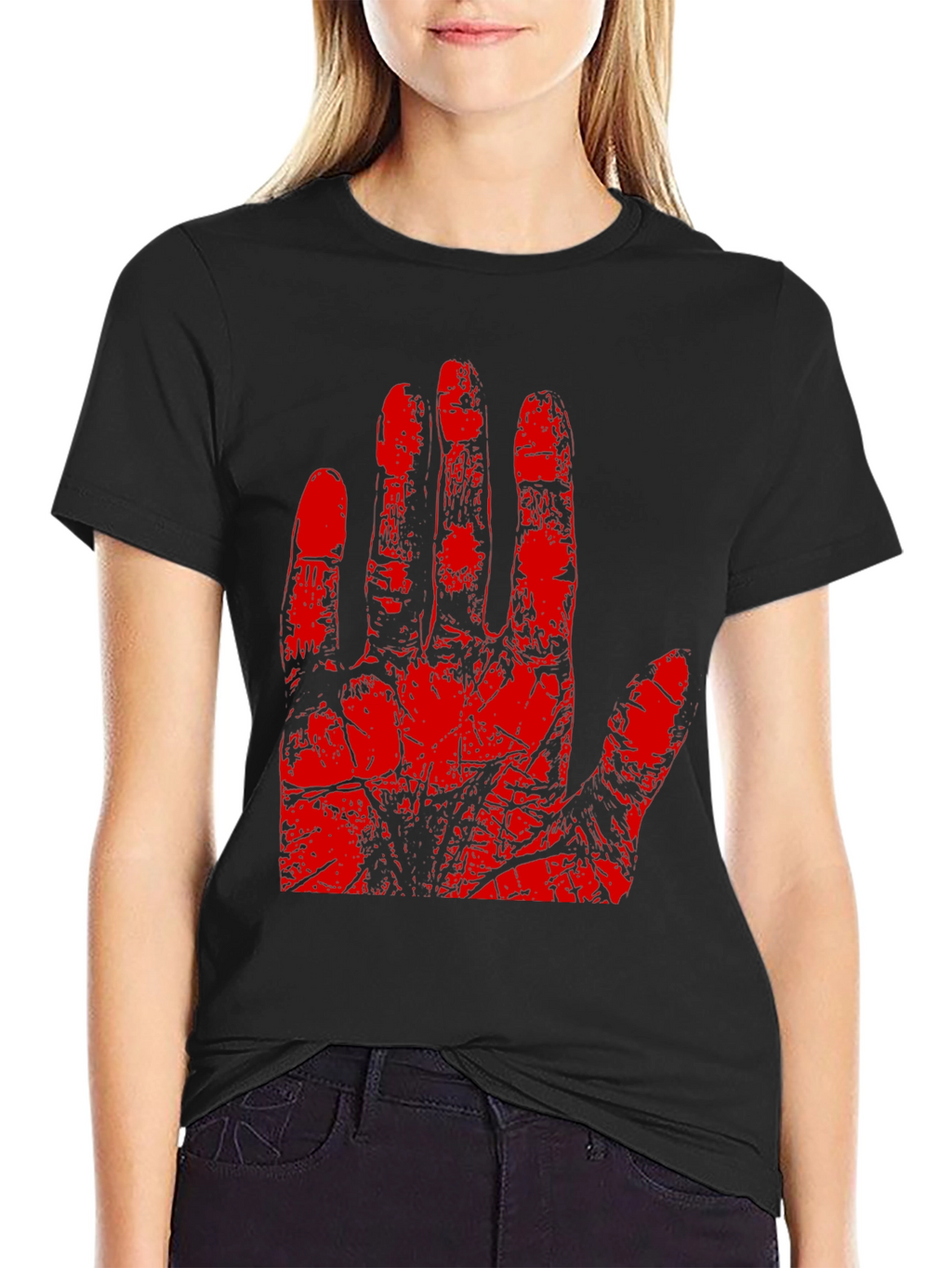 Red Hand Print Graphic Tee - Black Cotton T-Shirt