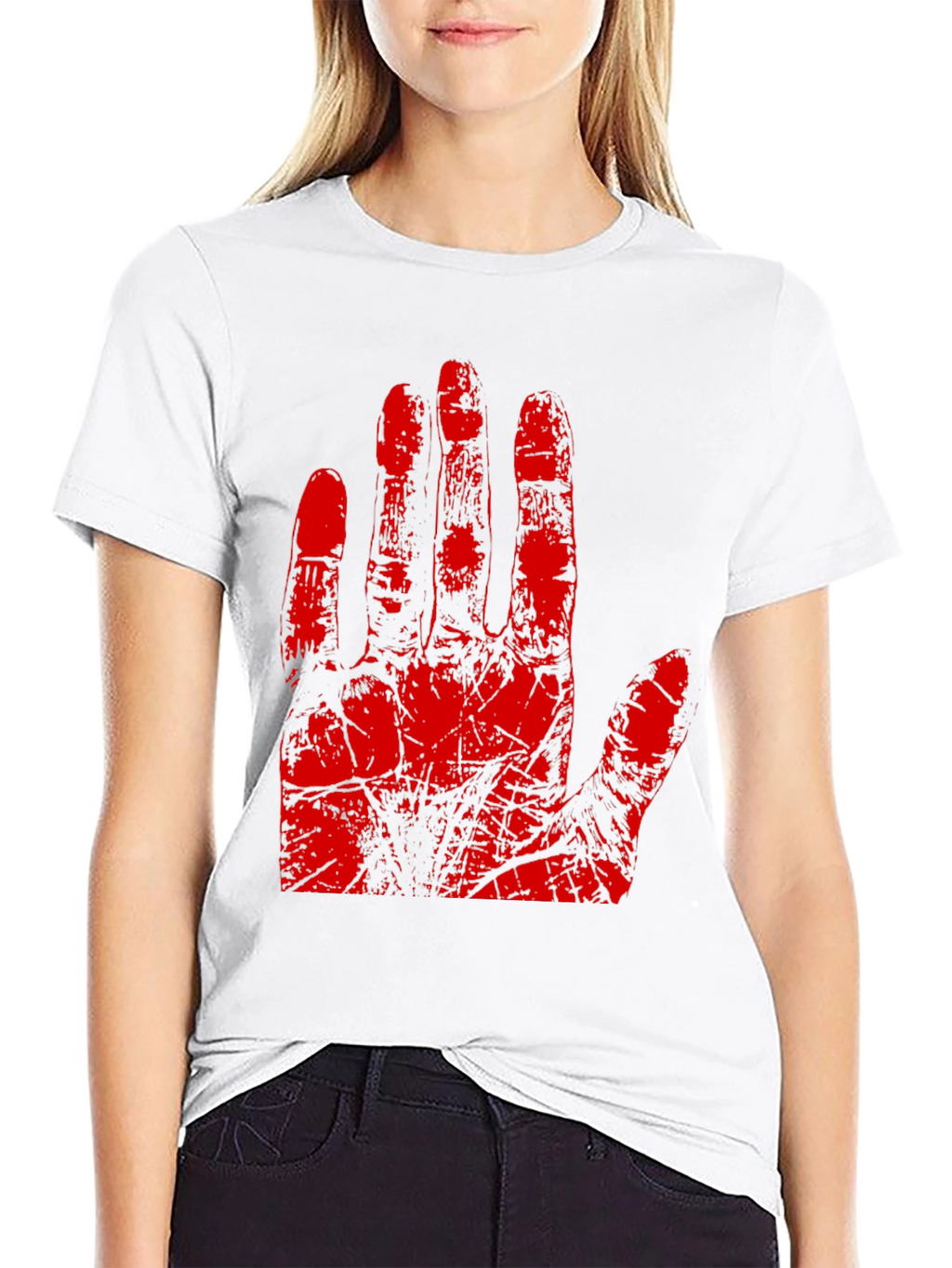 Red Hand Print Graphic Tee - Black Cotton T-Shirt