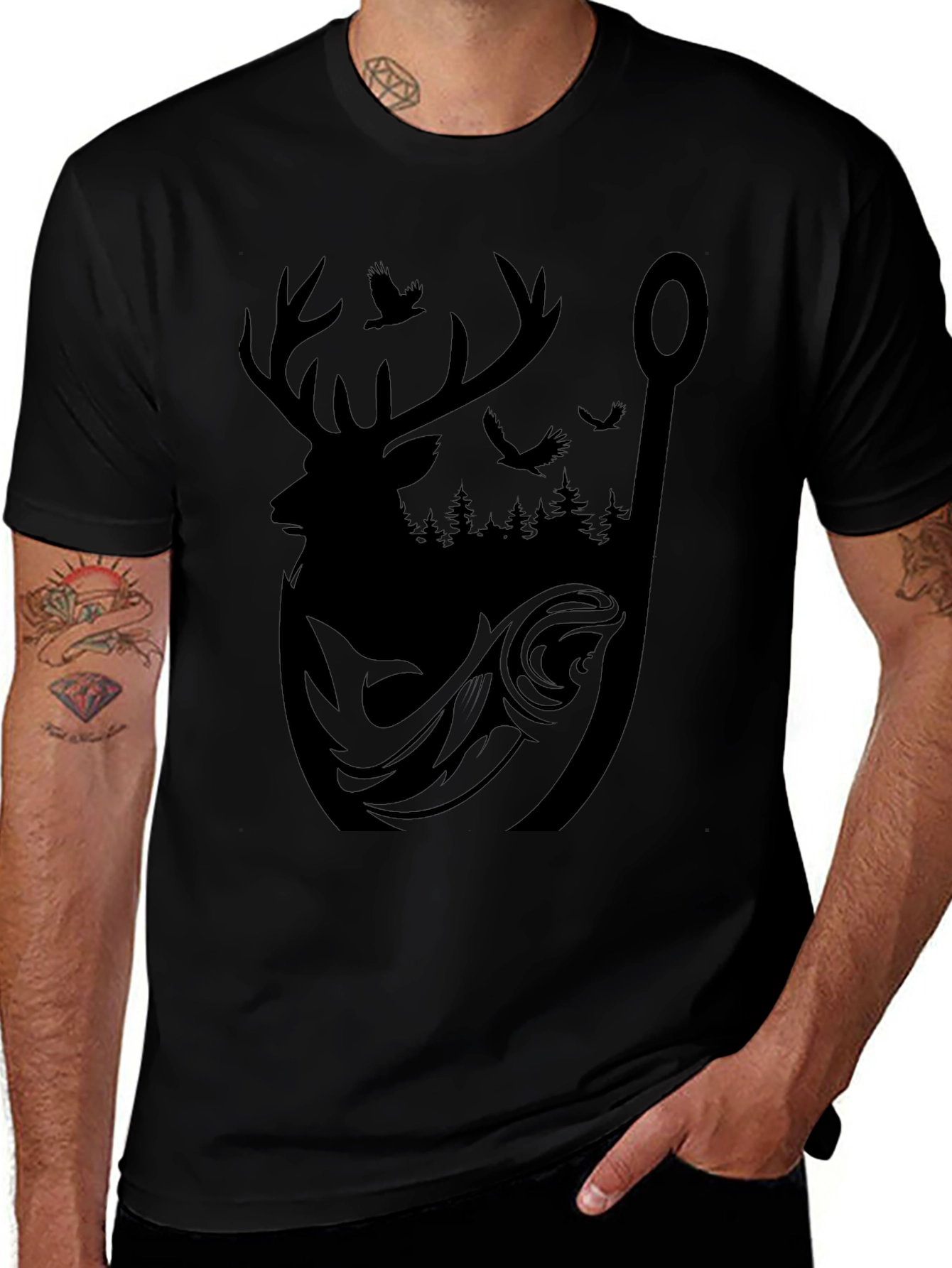 Mens Graphic Tee: Deer Fish and Forest Design