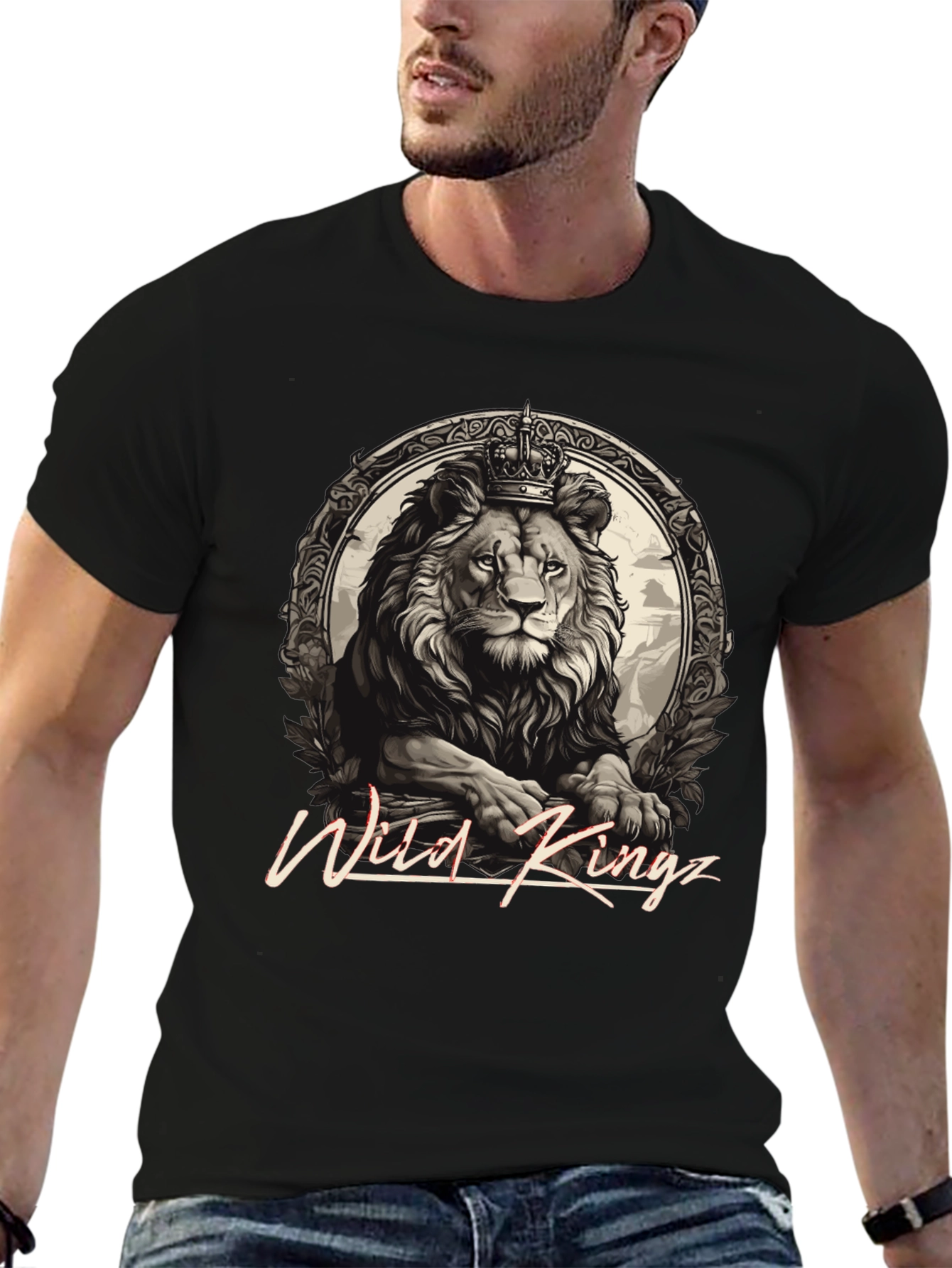 Wild Kingz Lion Graphic Tee - Premium Cotton Black T-Shirt