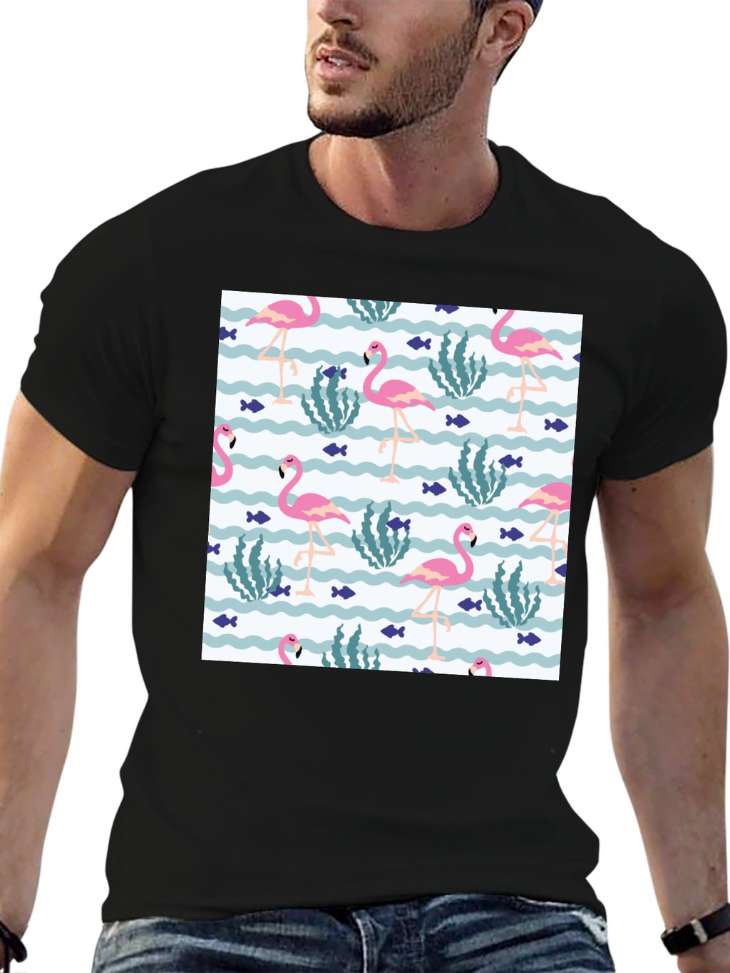 Fun Flamingo Print Black T-Shirt