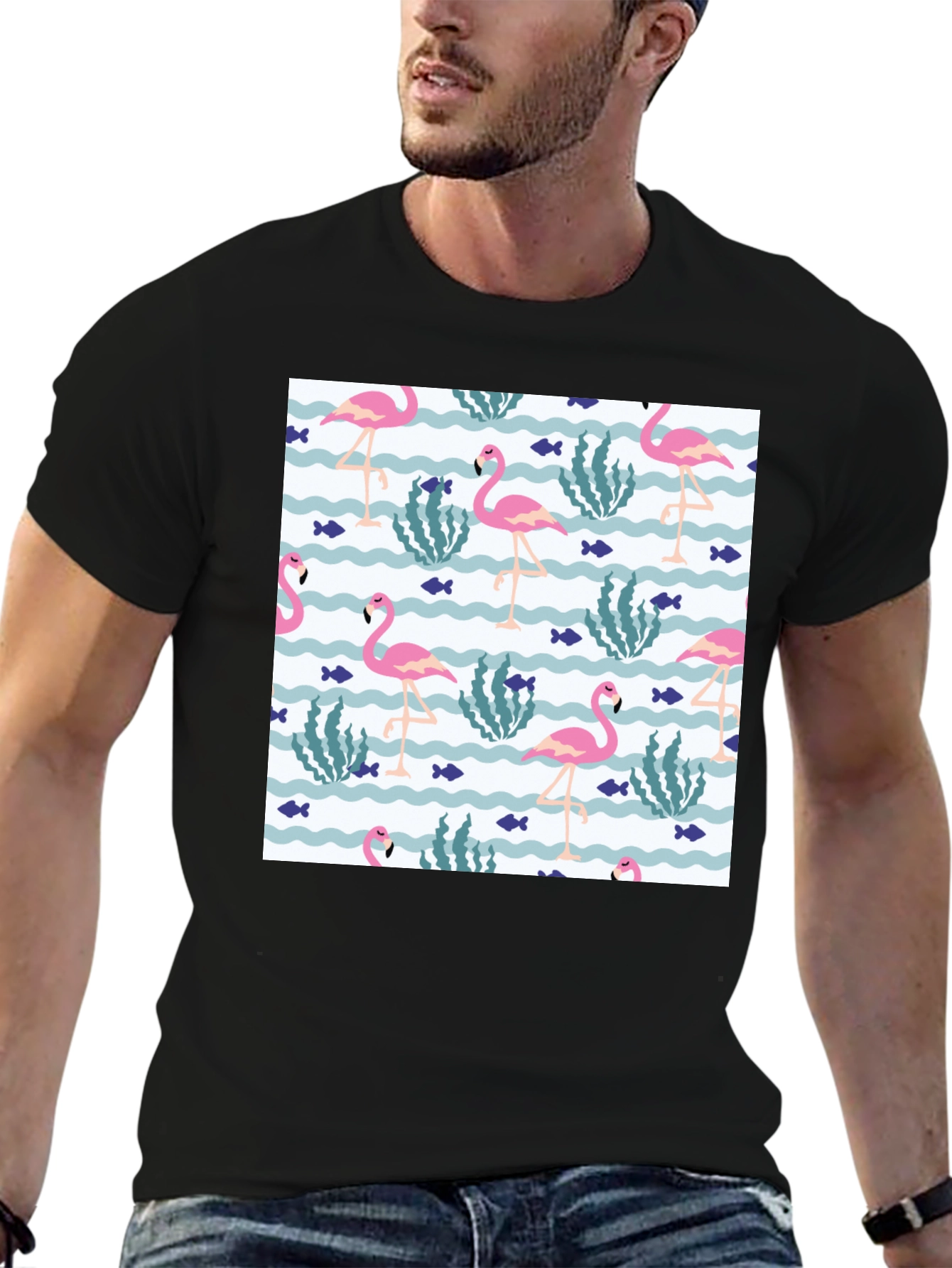 Fun Flamingo Print Black T-Shirt