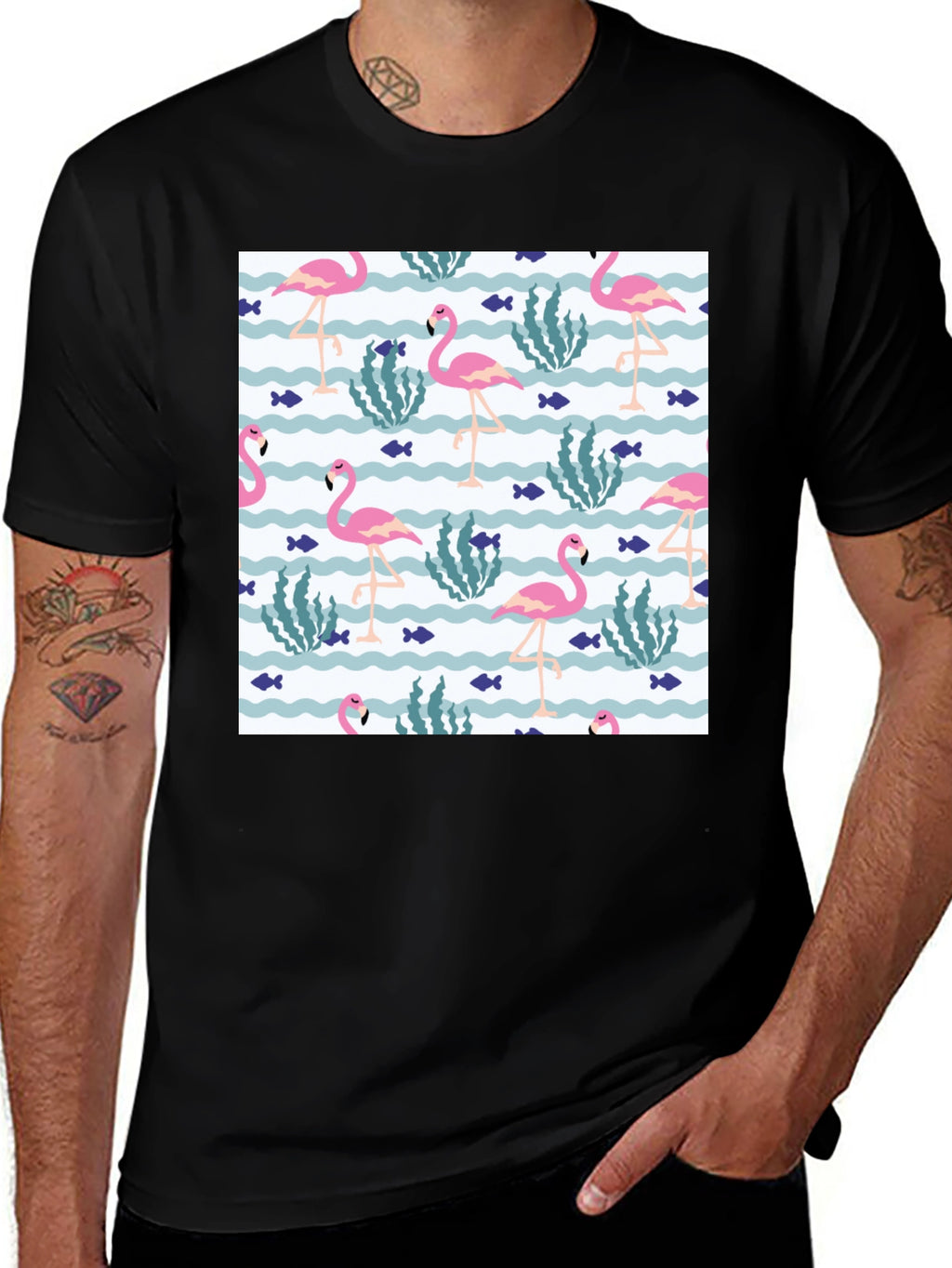 Fun Flamingo Print Black T-Shirt