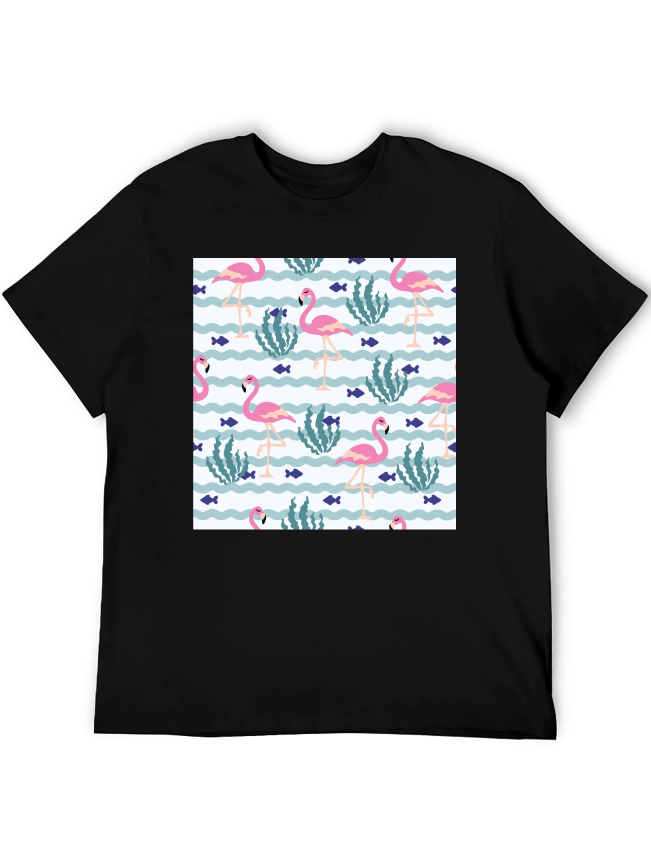 Fun Flamingo Print Black T-Shirt