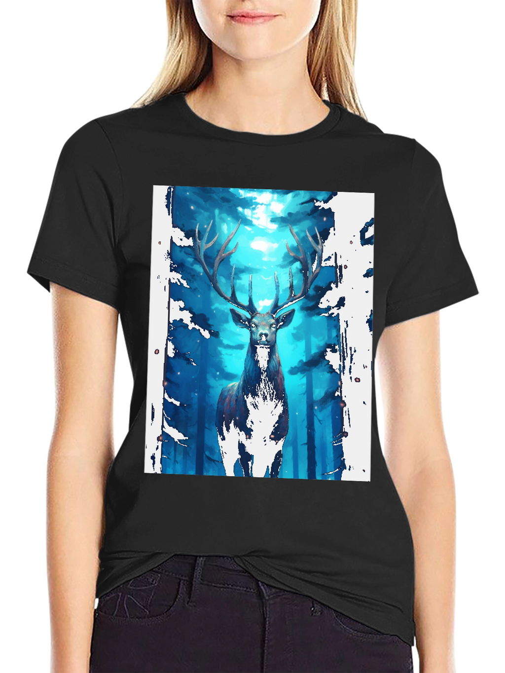 Mystic Forest Deer Graphic Tee - Black