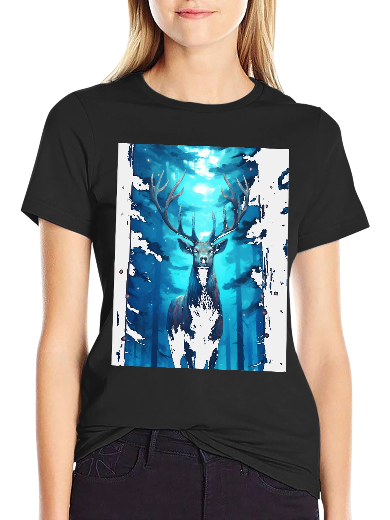 Mystic Forest Deer Graphic Tee - Black