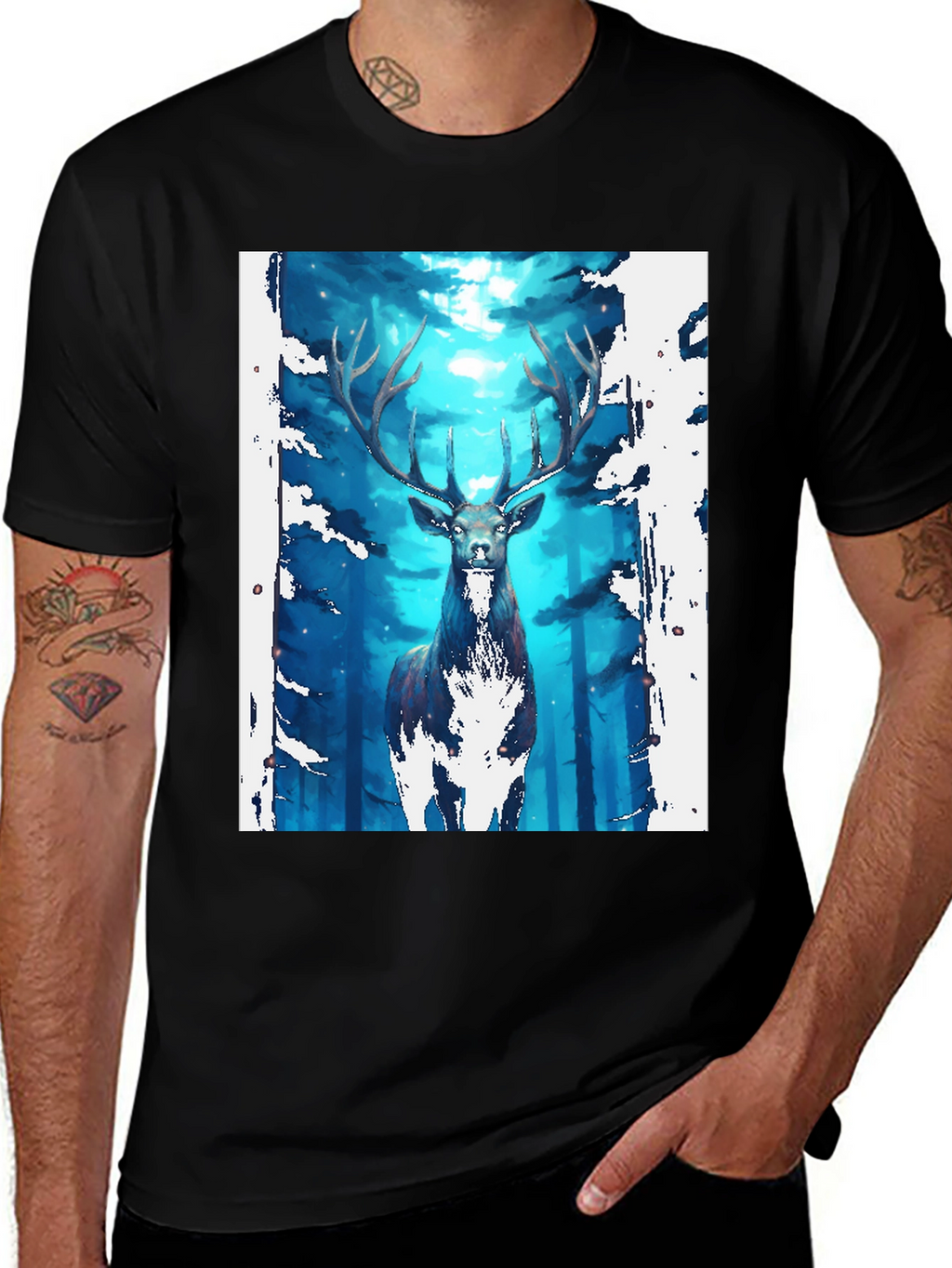 Mystic Forest Deer Graphic Tee - Black