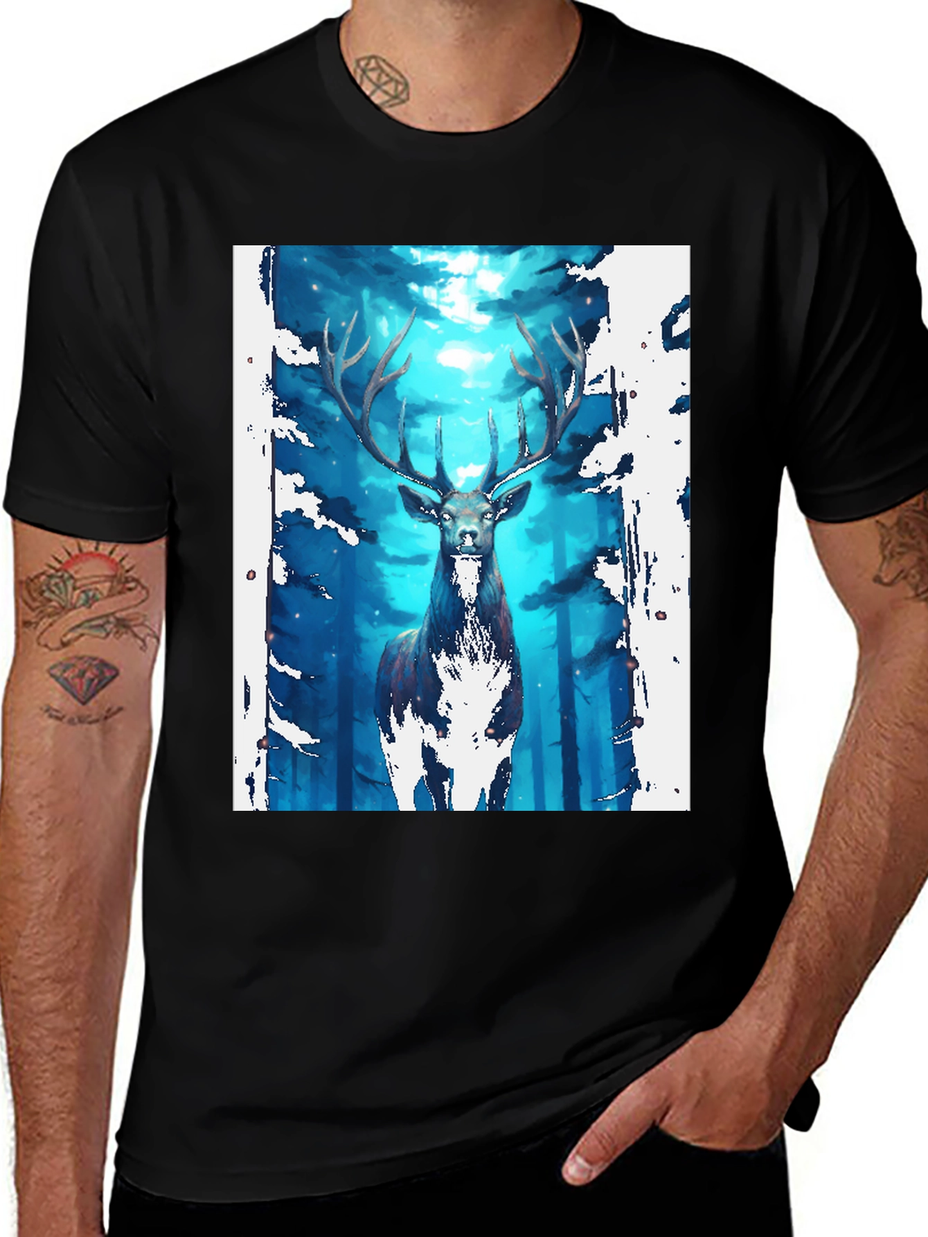 Mystic Forest Deer Graphic Tee - Black