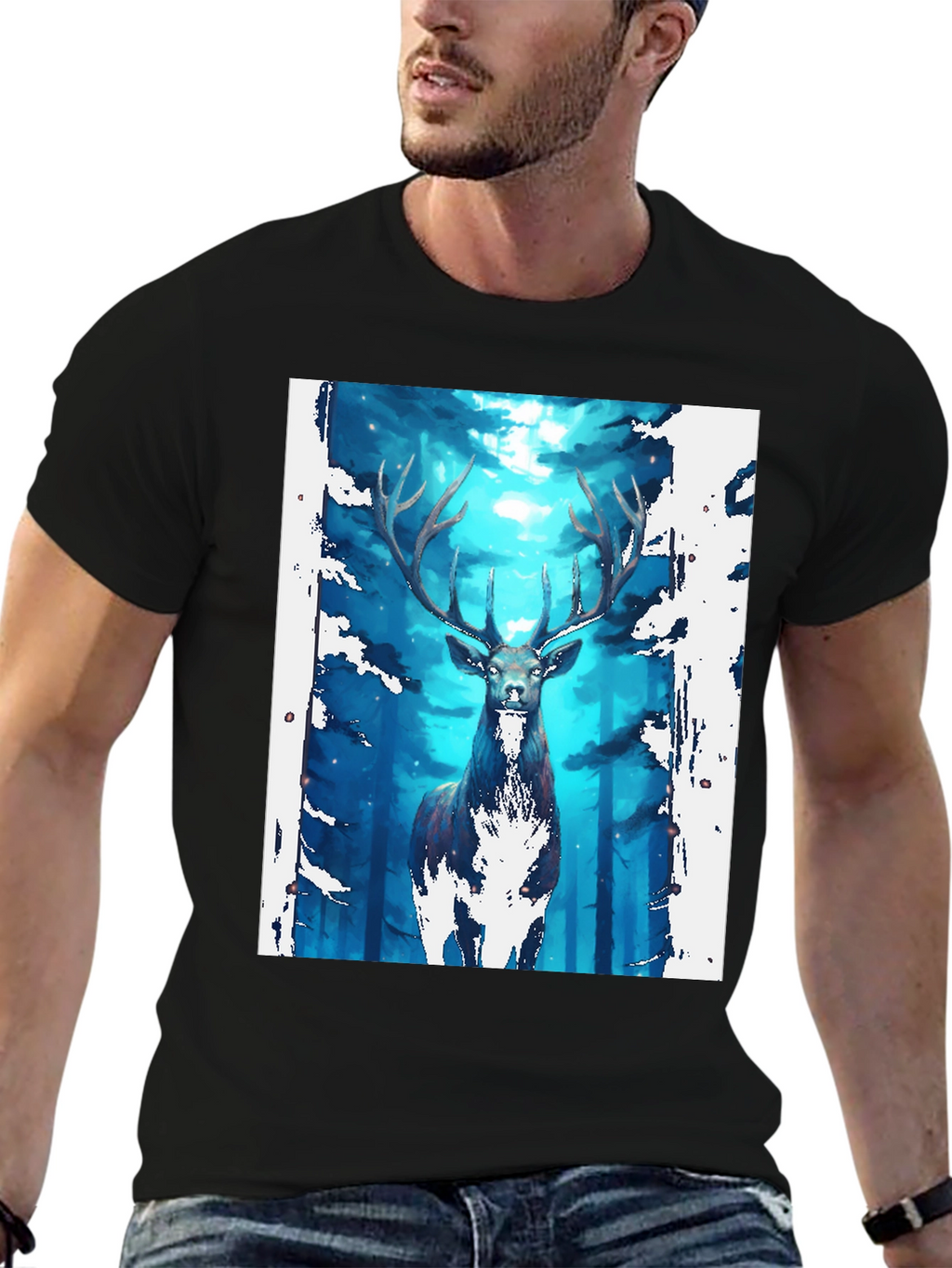 Mystic Forest Deer Graphic Tee - Black