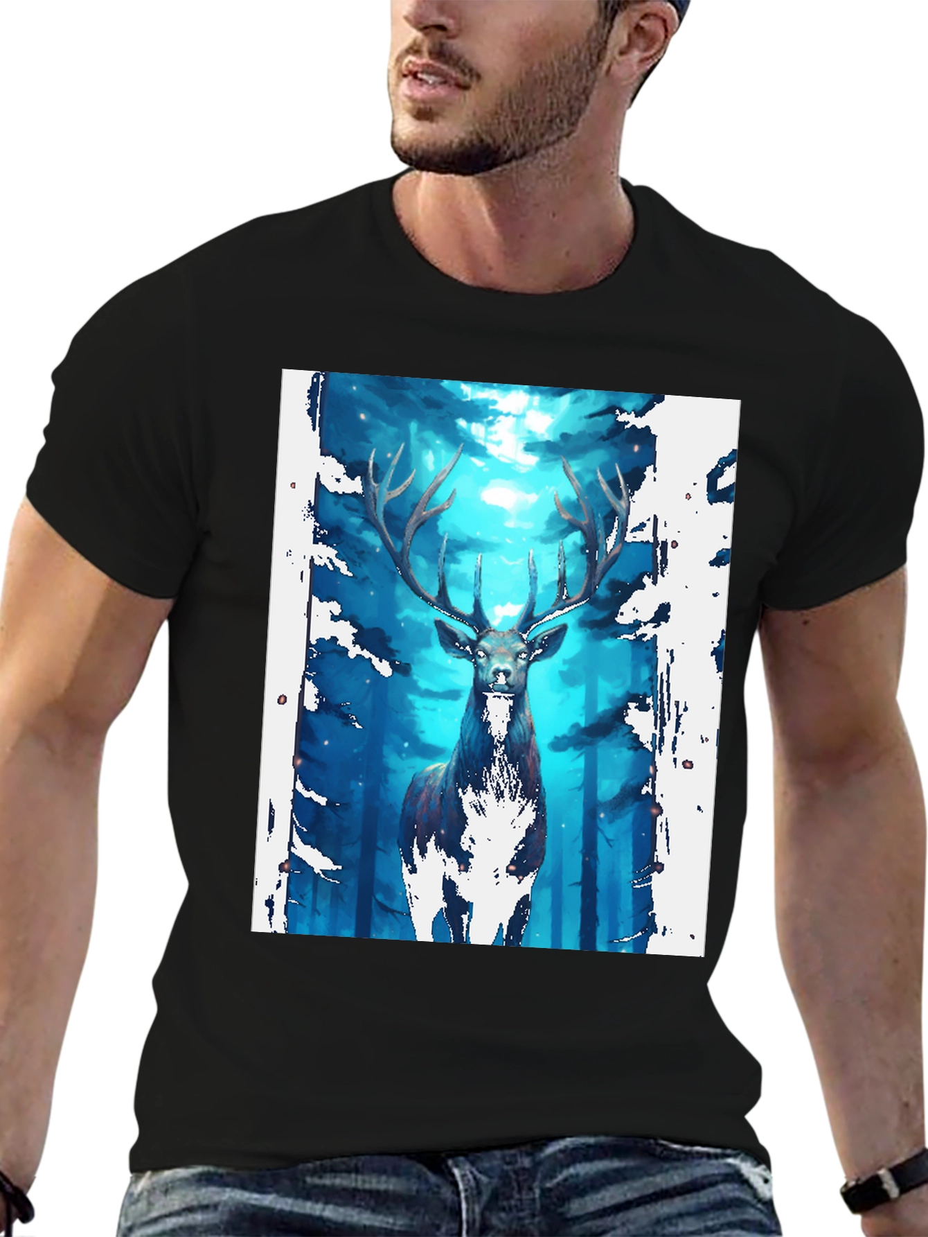 Mystic Forest Deer Graphic Tee - Black