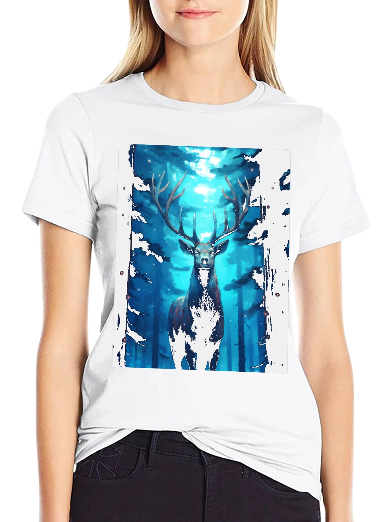 Mystic Forest Deer Graphic Tee - Black