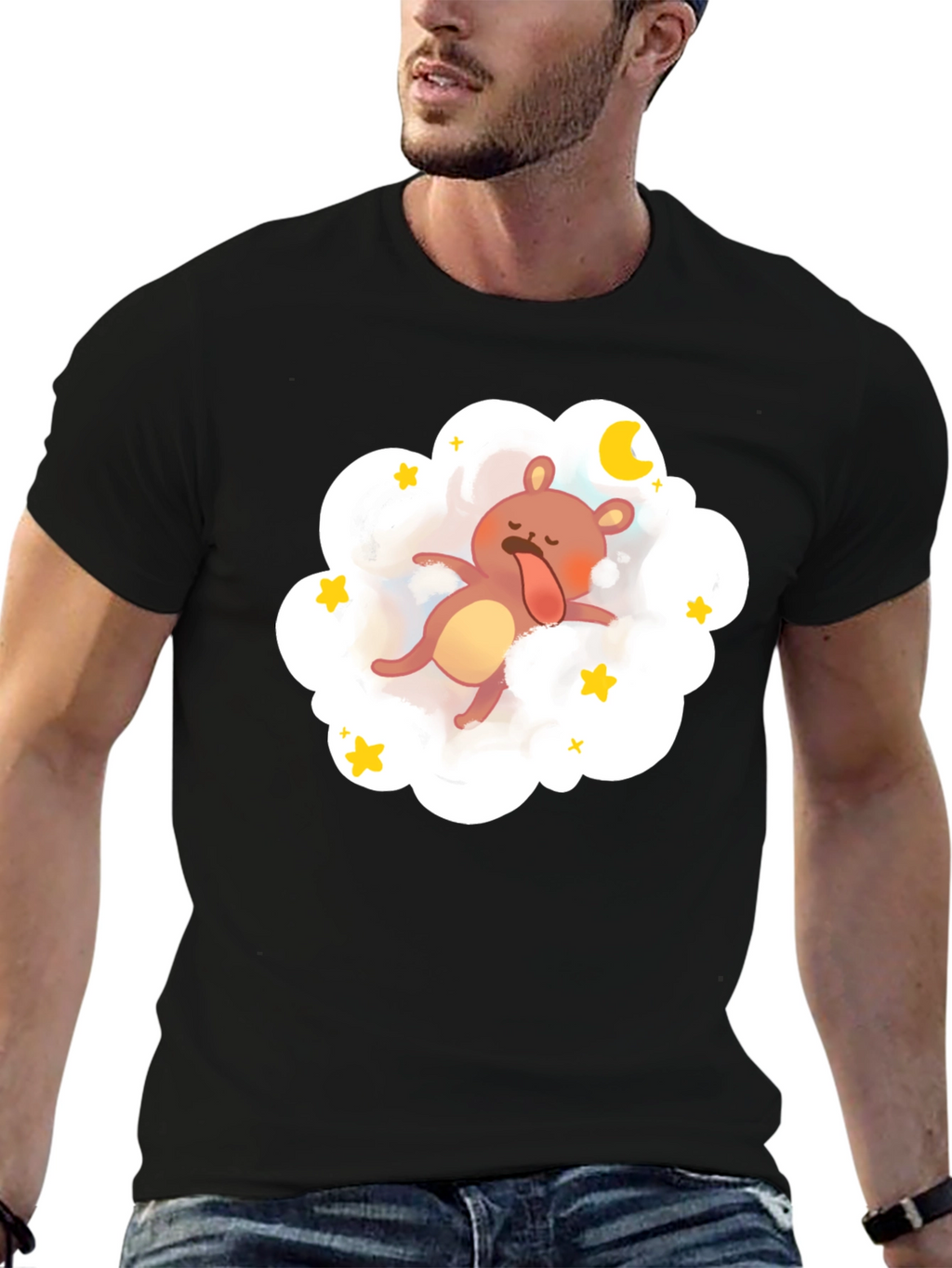 Dreamy Bear Graphic Tee - Black Cotton Comfort