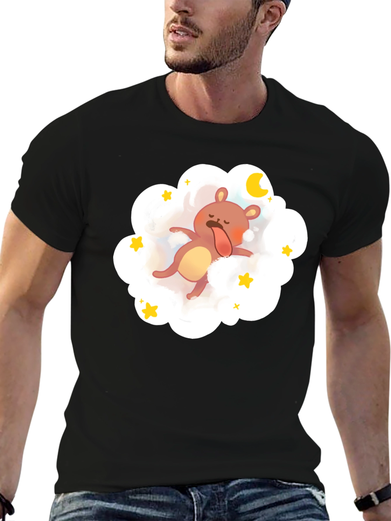 Dreamy Bear Graphic Tee - Black Cotton Comfort
