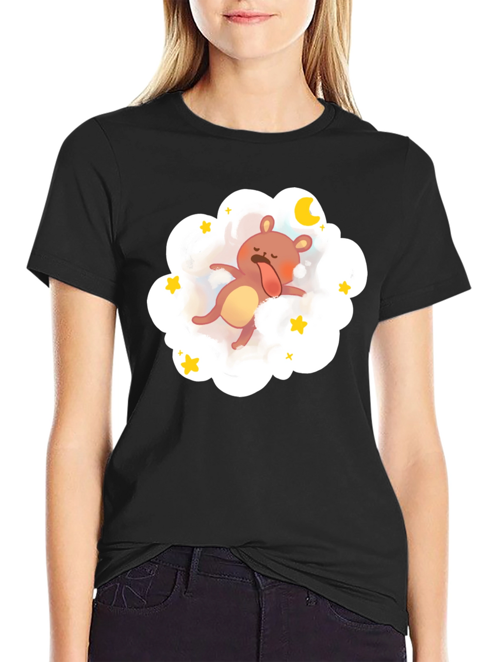 Dreamy Bear Graphic Tee - Black Cotton Comfort